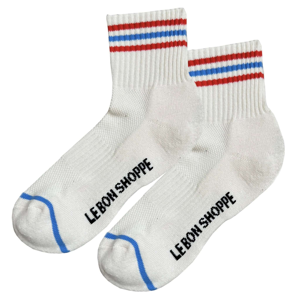 Le Bon Shoppe Girlfriend Socks - Leche cream crew socks with triple contrast stripe cuff and Le Bon Shoppe logo