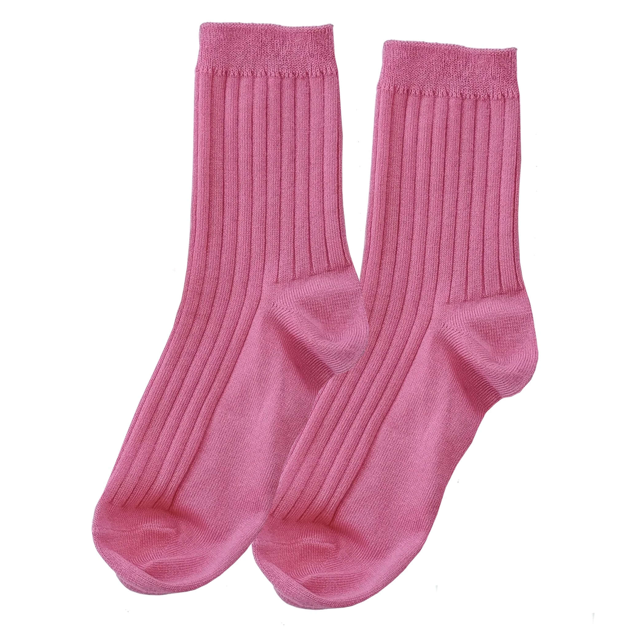 Alt Tag: Le Bon Shoppe Her Cotton Socks - Bright Pink ribbed breathable cotton-blend crew socks, bright pink pair on white background