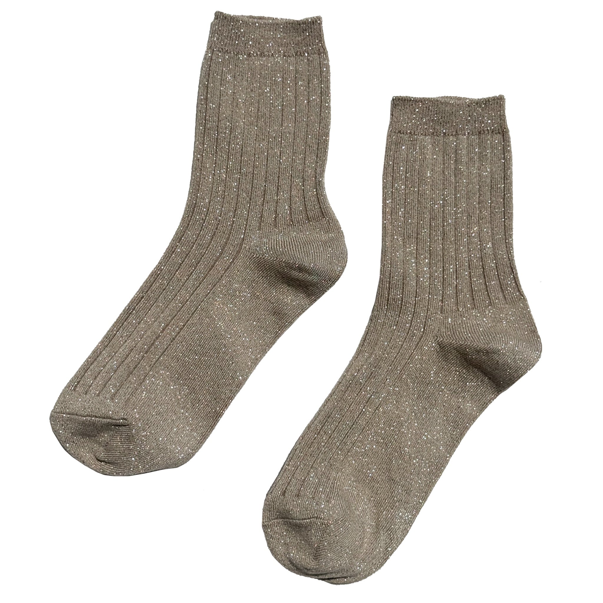 Pair of brown glitter socks on a white background
