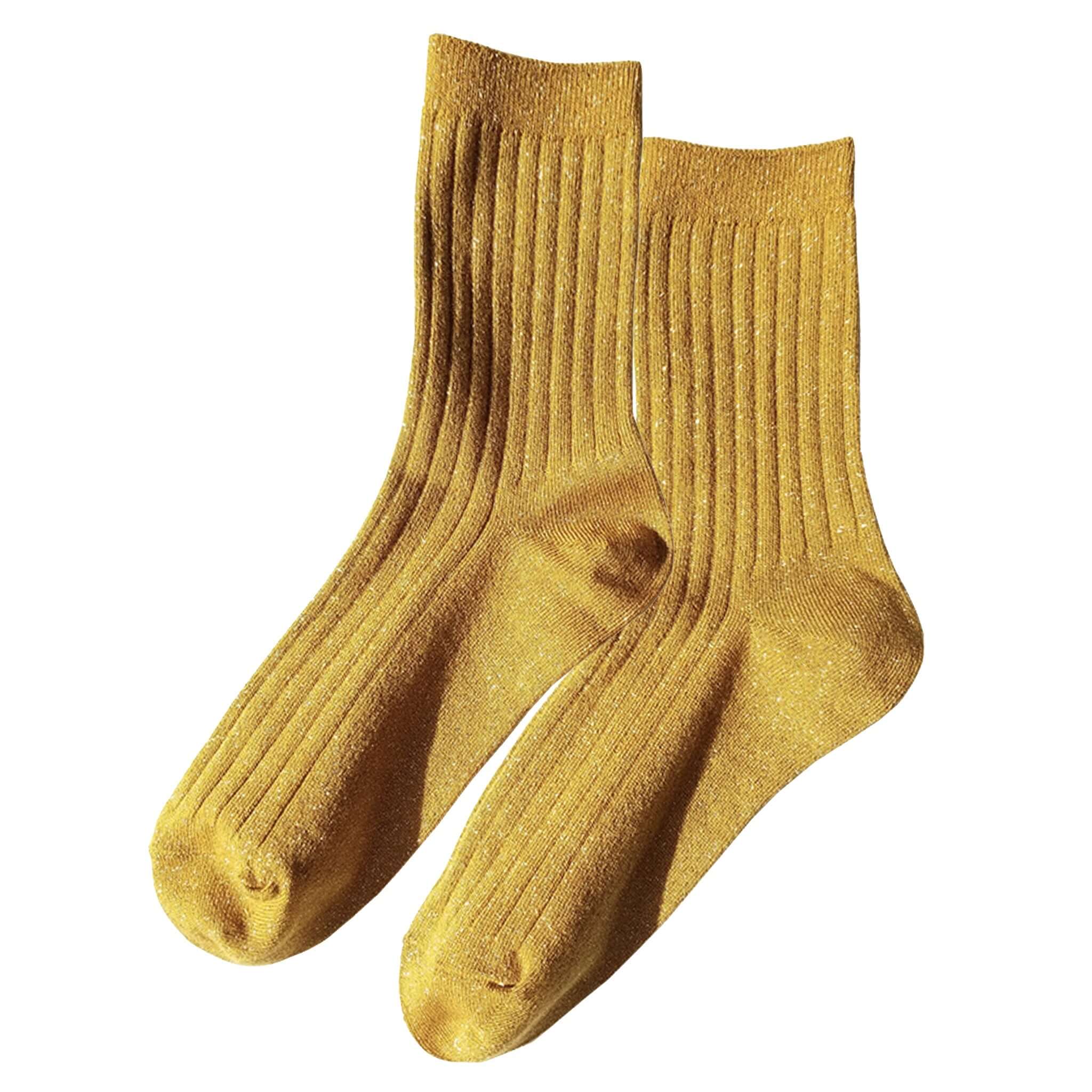 Alt Tag: Le Bon Shoppe Her Lurex Socks - Mustard Glitter ribbed mustard glitter crew socks, soft modal blend sparkle
