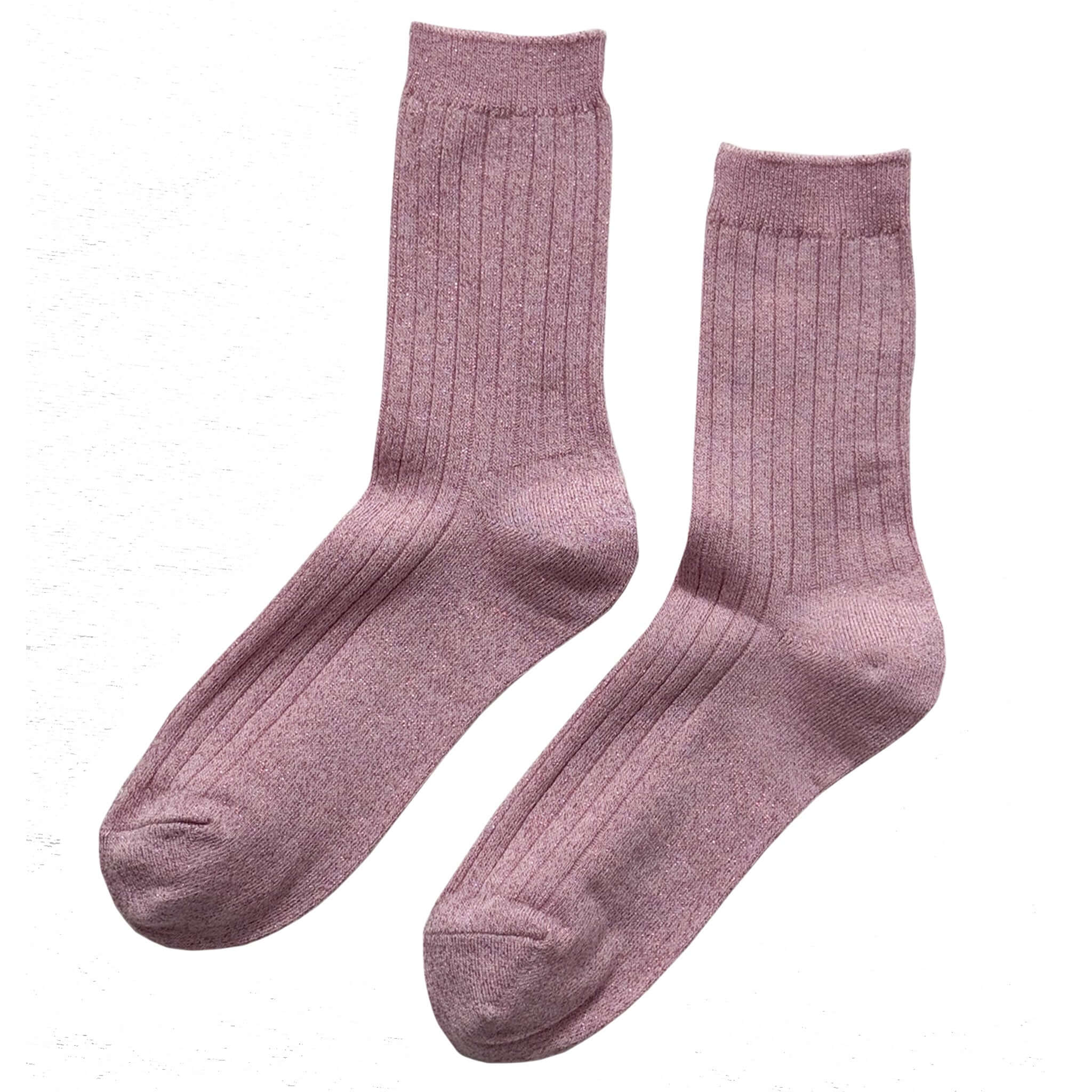 Alt Tag: Le Bon Shoppe Her Lurex Socks - Sparkling Rosé glittery ribbed quarter-crew socks with subtle sparkle