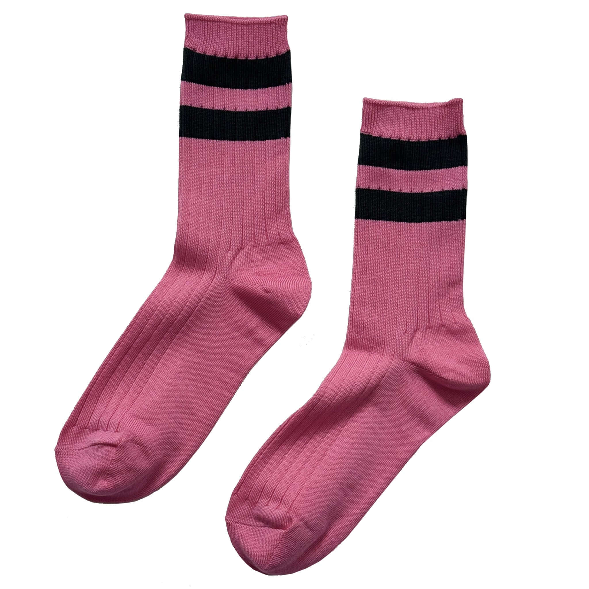 Alt Tag: Le Bon Shoppe Her Varsity Socks - Pink Green pink ribbed crew socks with bold black stripes, mercerized combed cotton