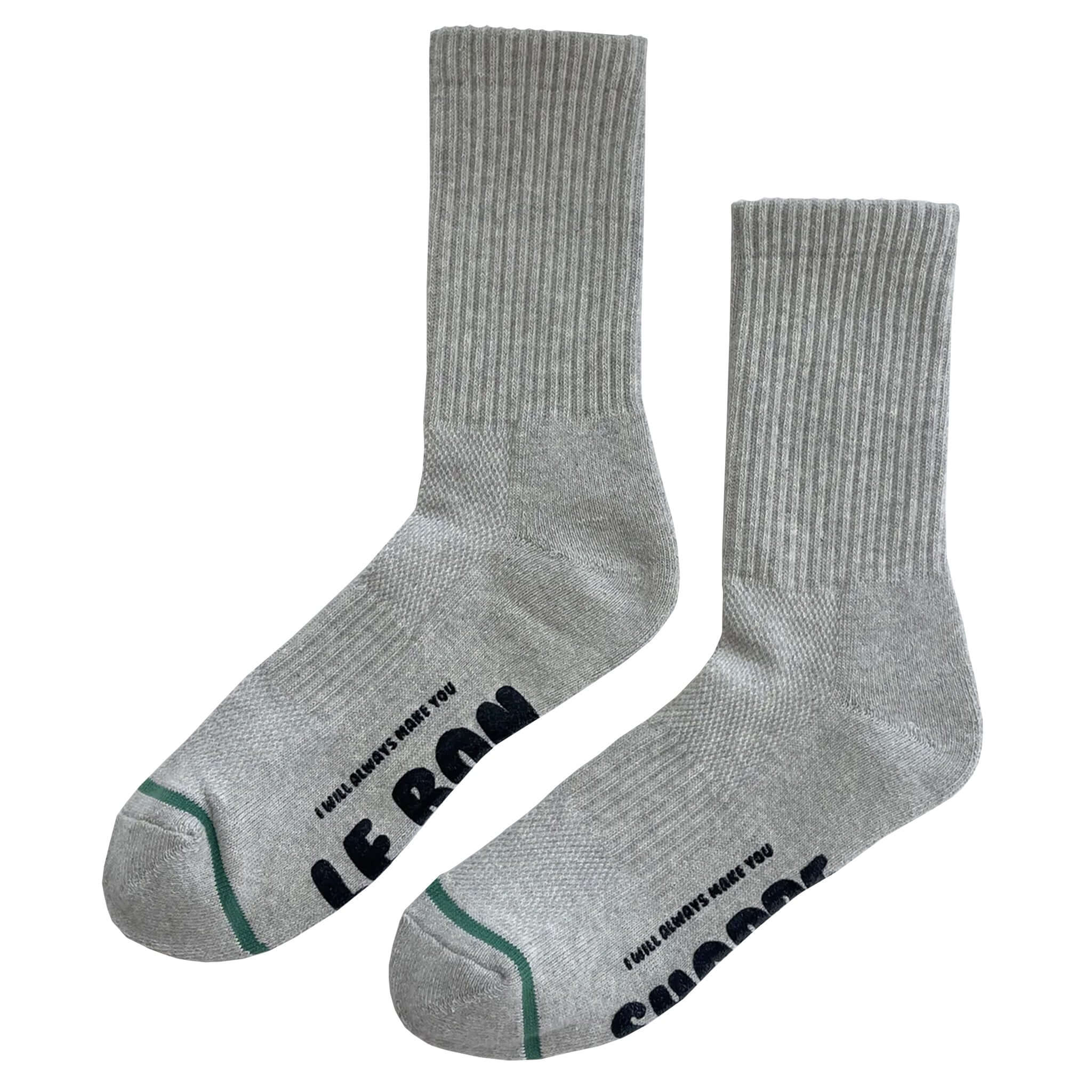 Alt Tag: Le Bon Shoppe Hugger Socks - HT Grey & Black grey crew socks with silicone grip sole, one size fits most
