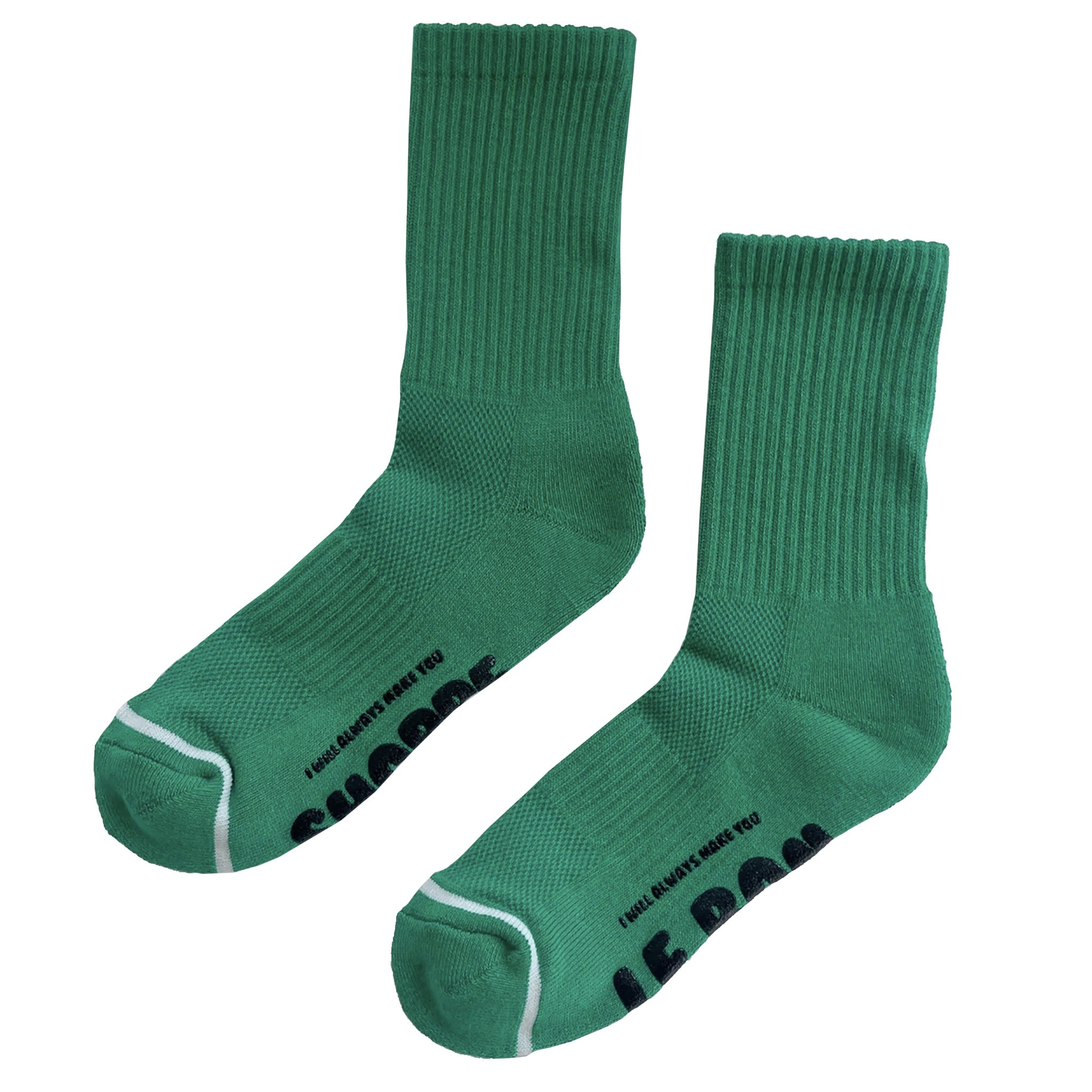 Pair of green socks with text on a white background