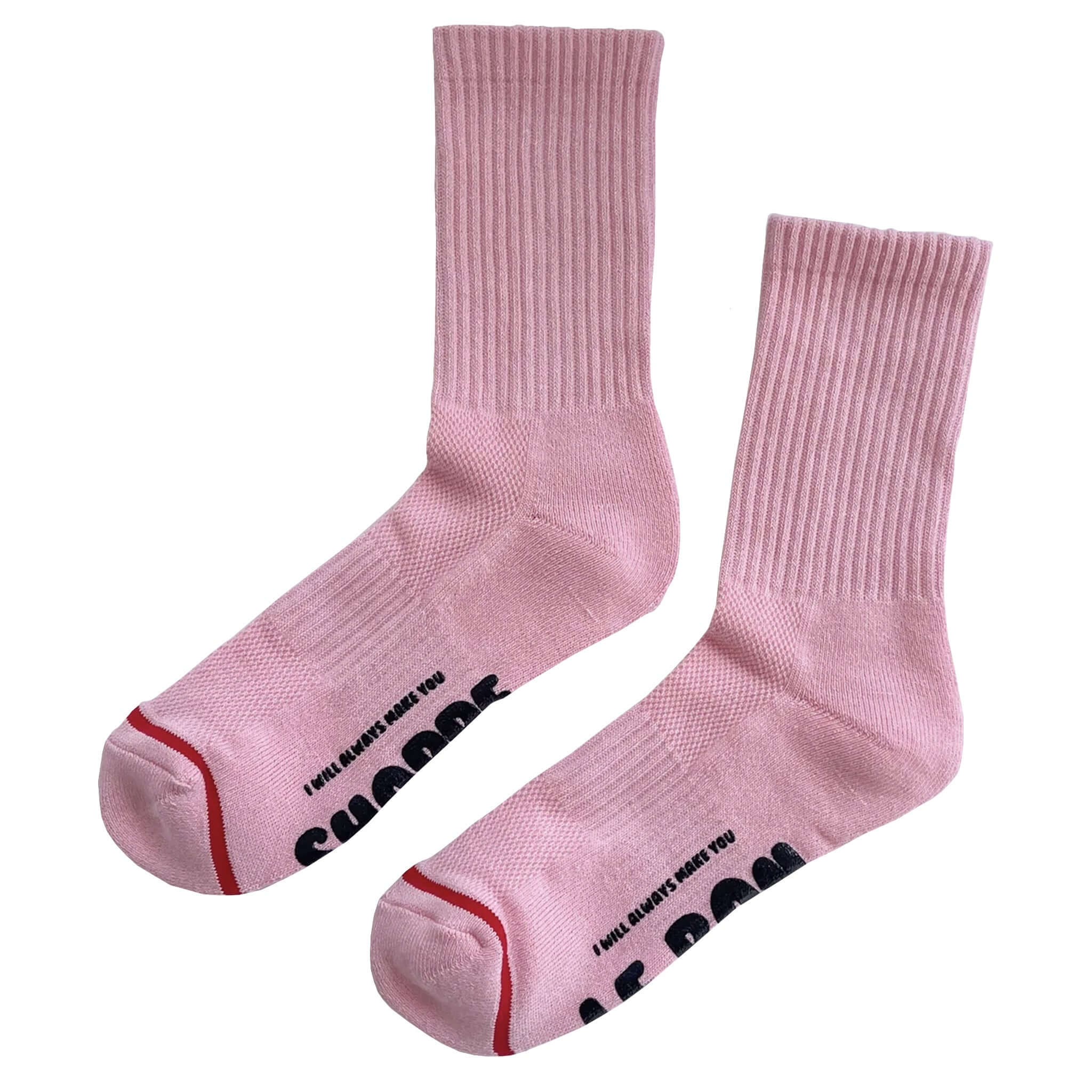 Alt Tag: Le Bon Shoppe Hugger Socks - Pink & Black crew socks, cotton blend with grippy silicone sole, one size fits most