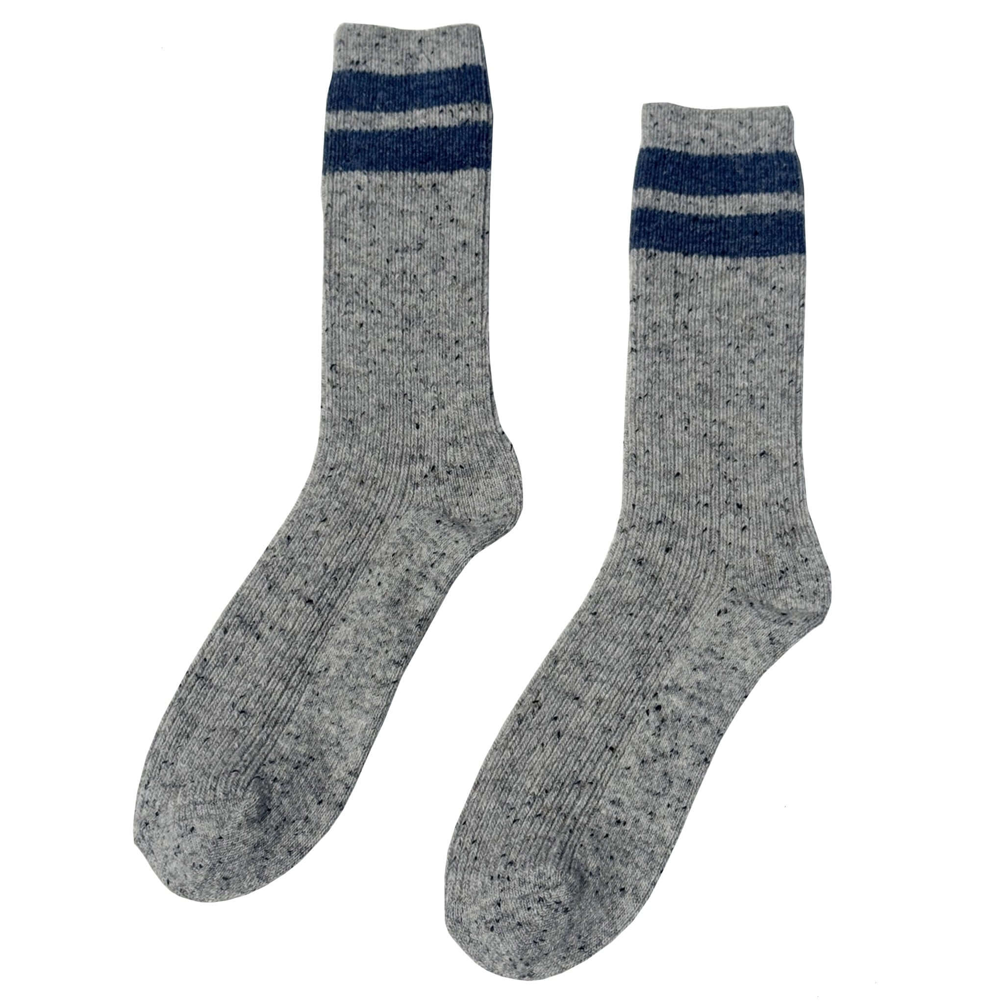 Le Bon Shoppe Snow Varsity Socks - Grey & Blue, wool-blend winter socks featuring grey base and blue stripes.