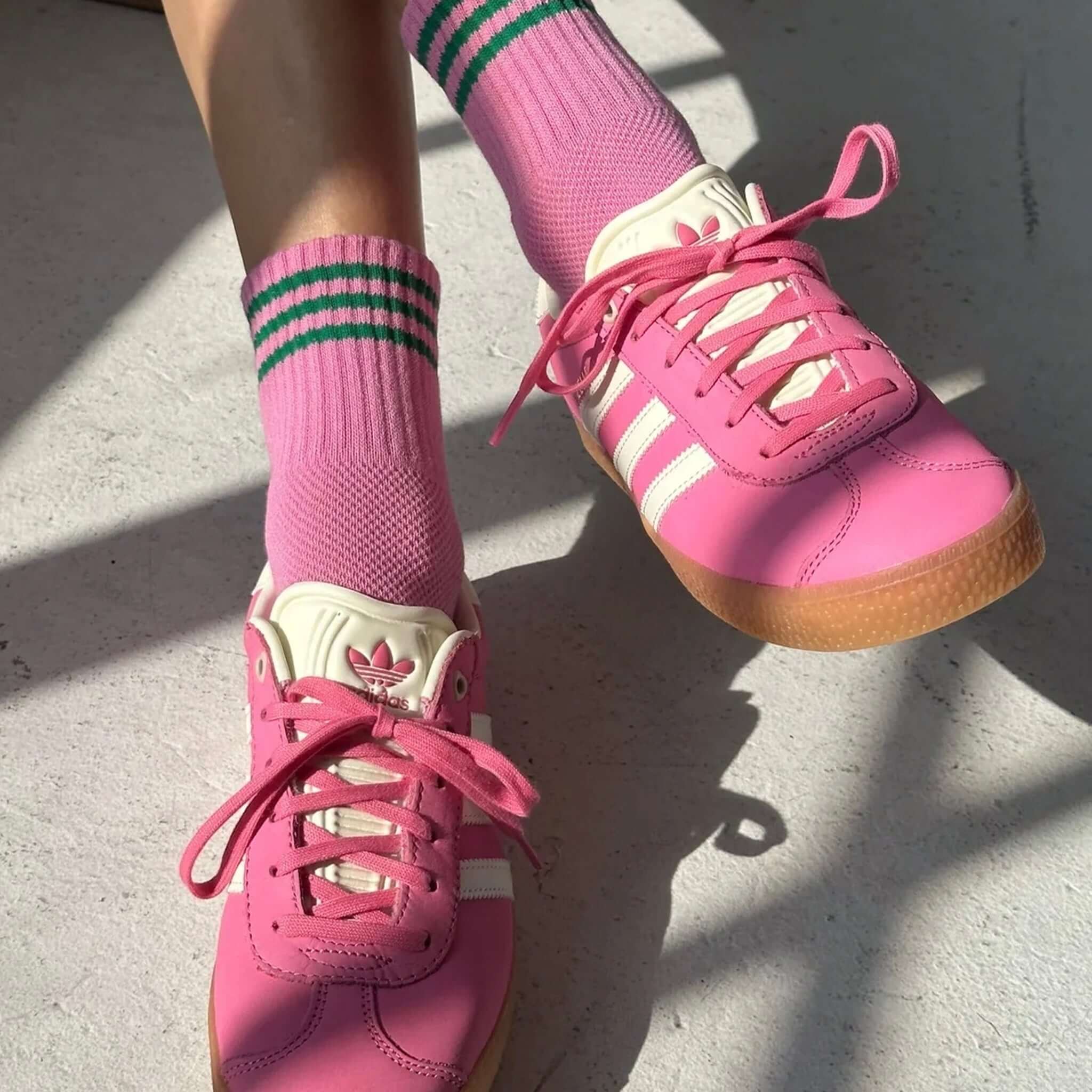 Le Bon Shoppe Girlfriend Socks - Rose Pink styled with pink shoes and green striped crew socks.