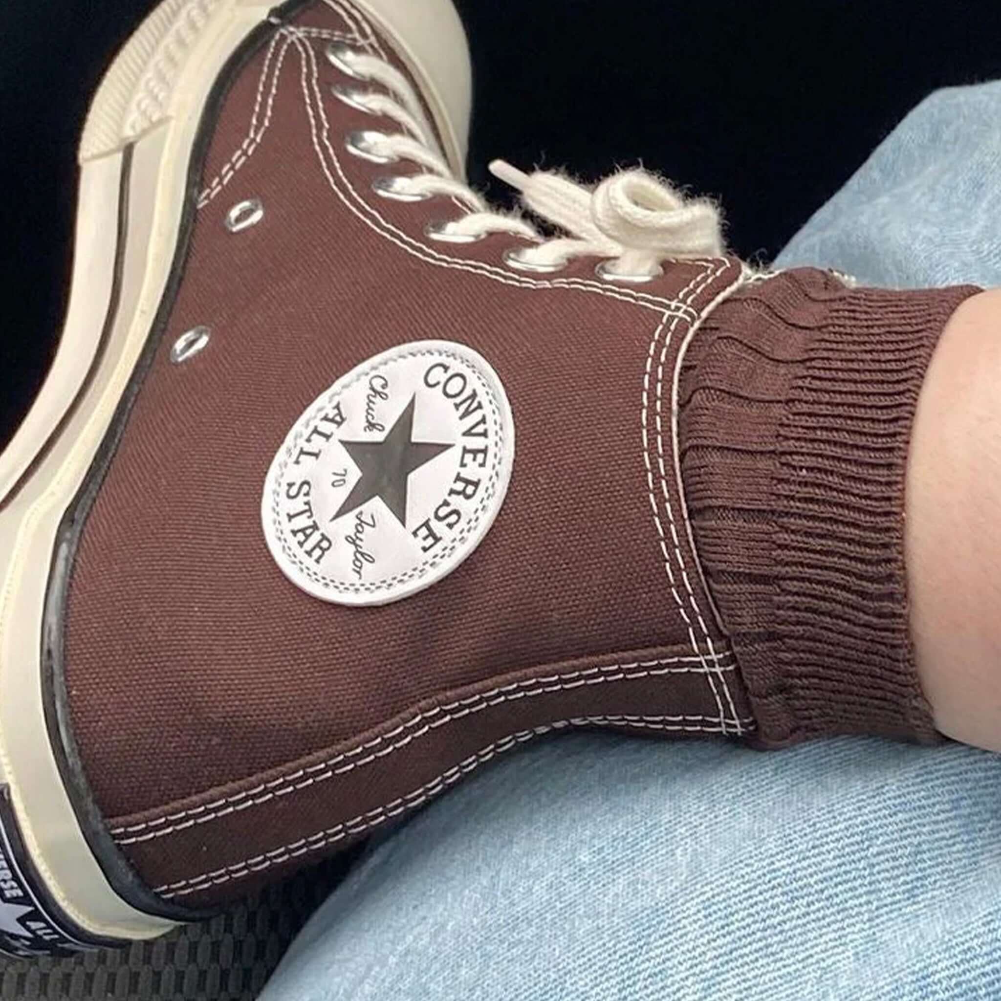 Alt Tag: Le Bon Shoppe Her Cotton Socks - Coffee worn with brown high-top sneakers, ribbed breathable cotton-blend ankle sock