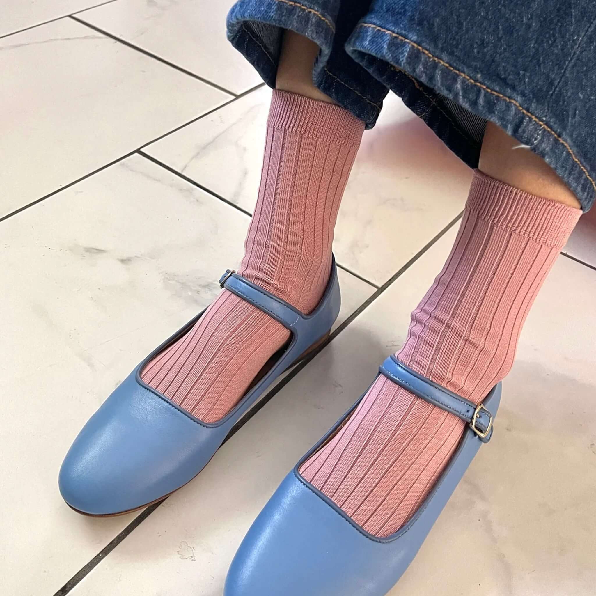 Le Bon Shoppe Her Cotton Socks - Desert Rose worn with blue flats, showcasing their classic ribbed design.