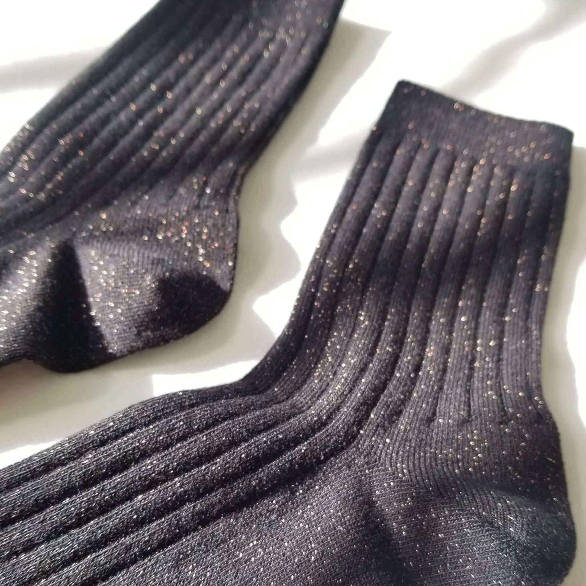 Le Bon Shoppe Her Lurex Socks - Copper Black with ribbed design and sparkle detail.