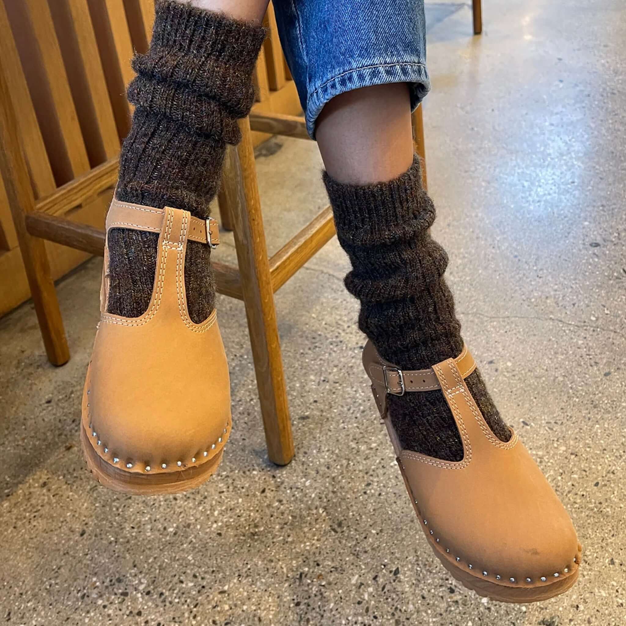 Alt Tag: Le Bon Shoppe Margot Socks - Black fuzzy long socks worn with clogs, cozy winter warmth and style