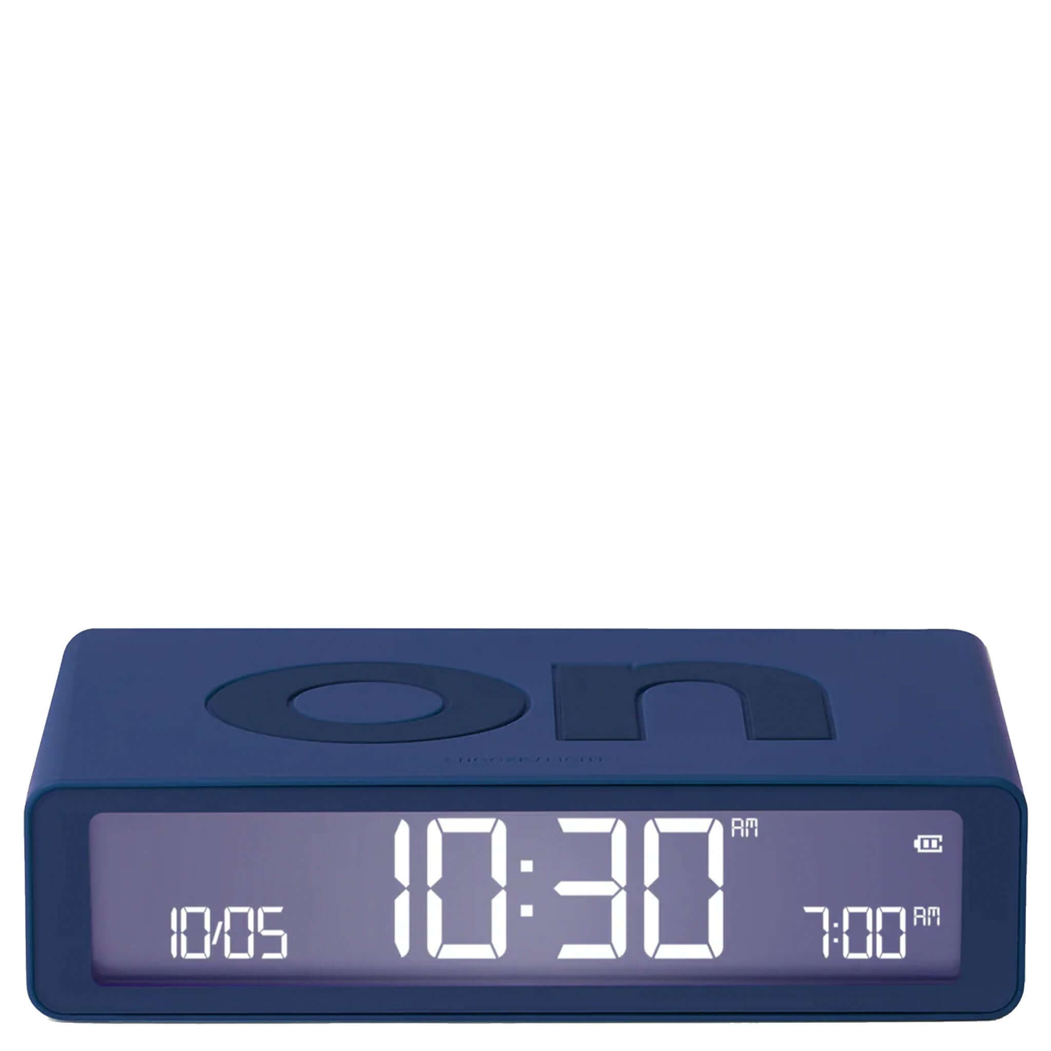 Alt Tag: Lexon Flip Classic Reversible LCD Alarm Clock - Dark Blue showing ON/OFF flip design, large LCD time display and alarm settings