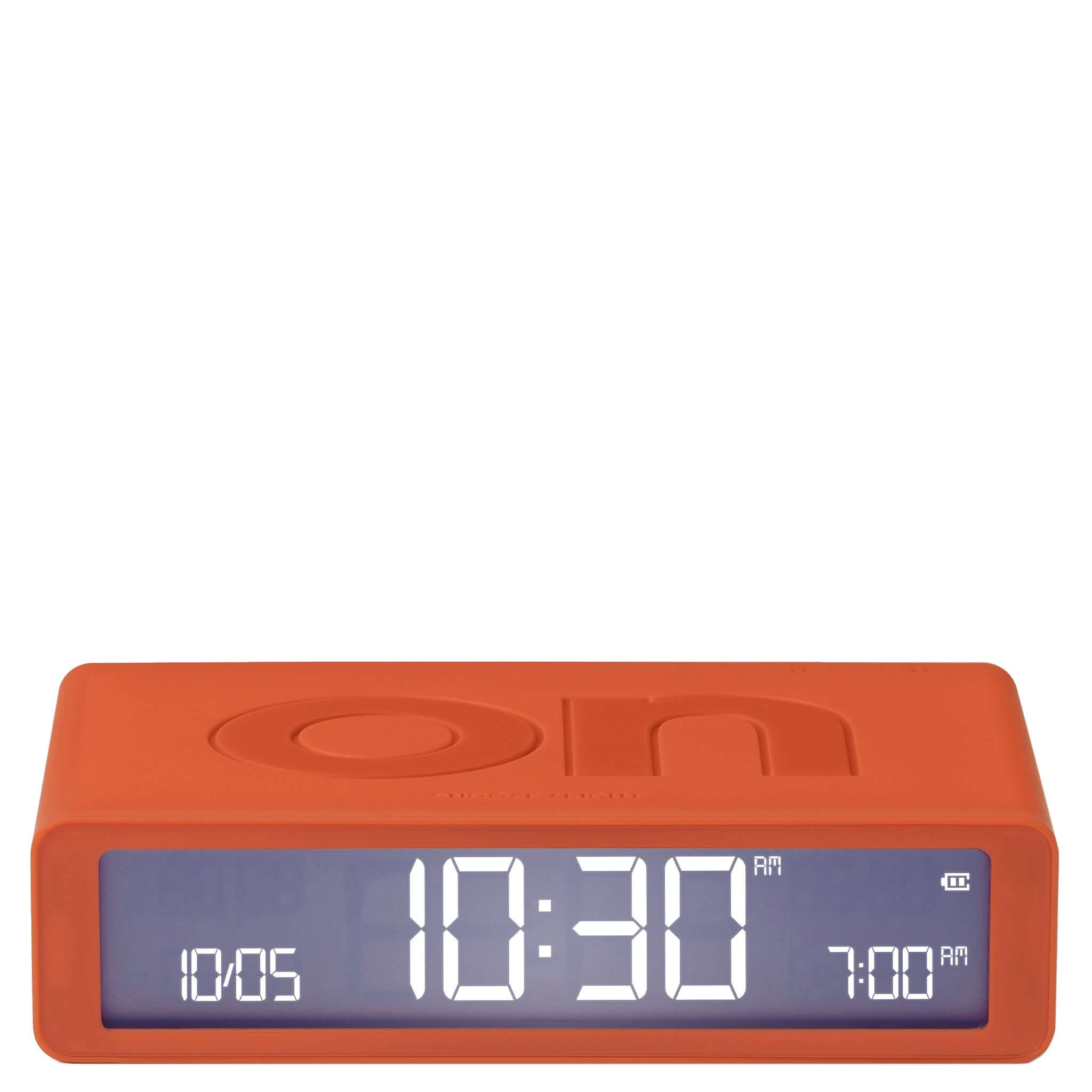 Orange digital clock with blue display on a white background