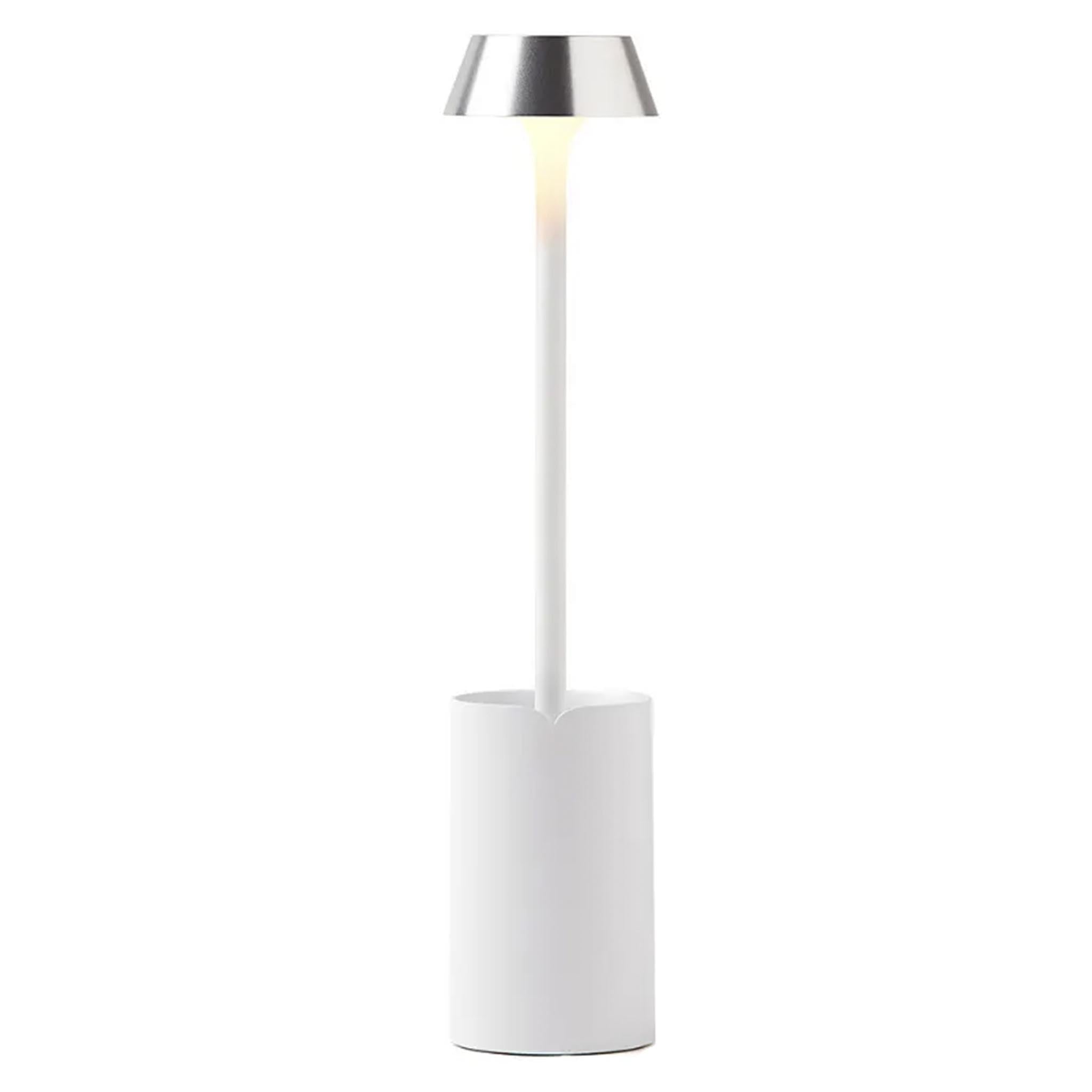 White clip on lamp with a silver shade on a white background
