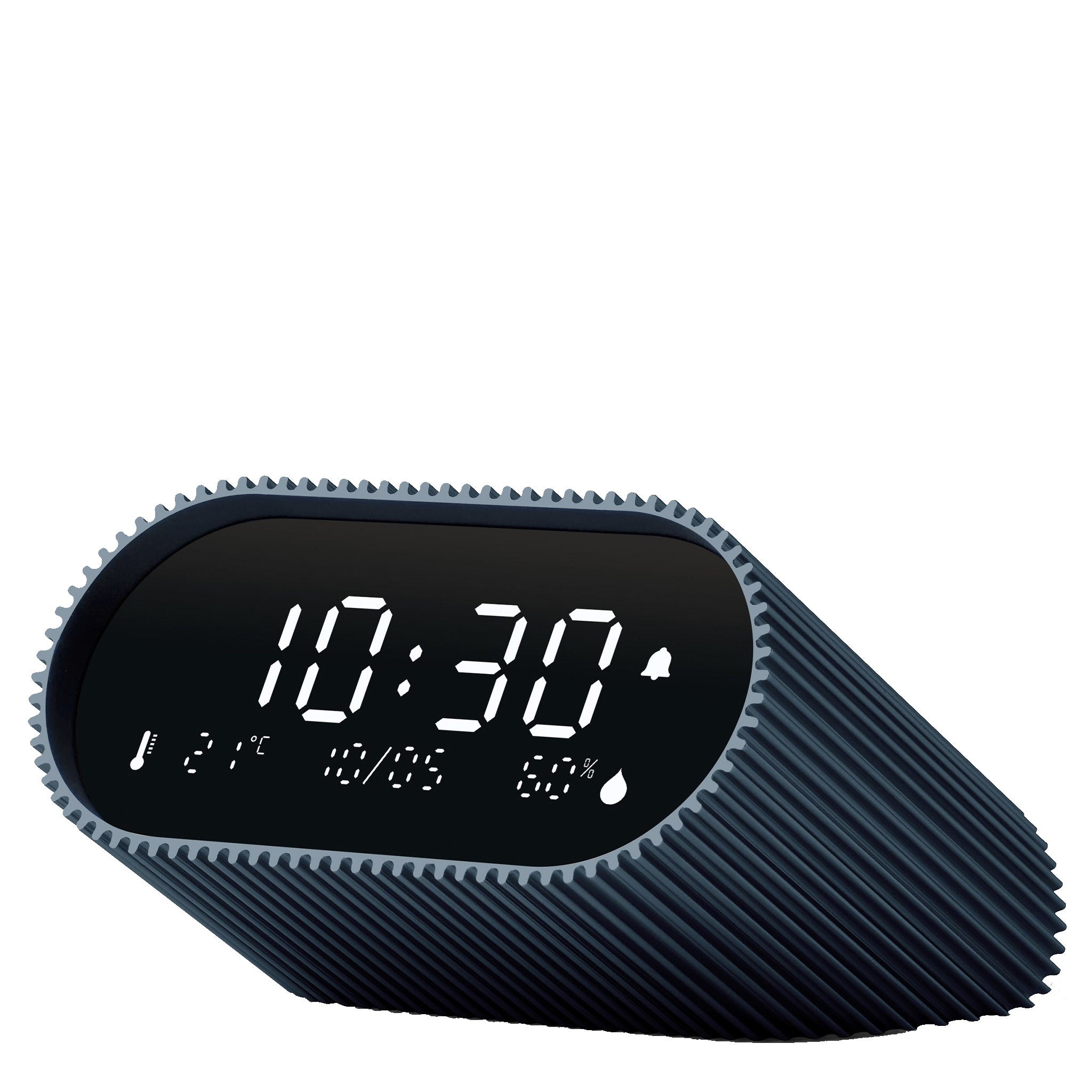 Digital clock with a textured blue casing on a white background