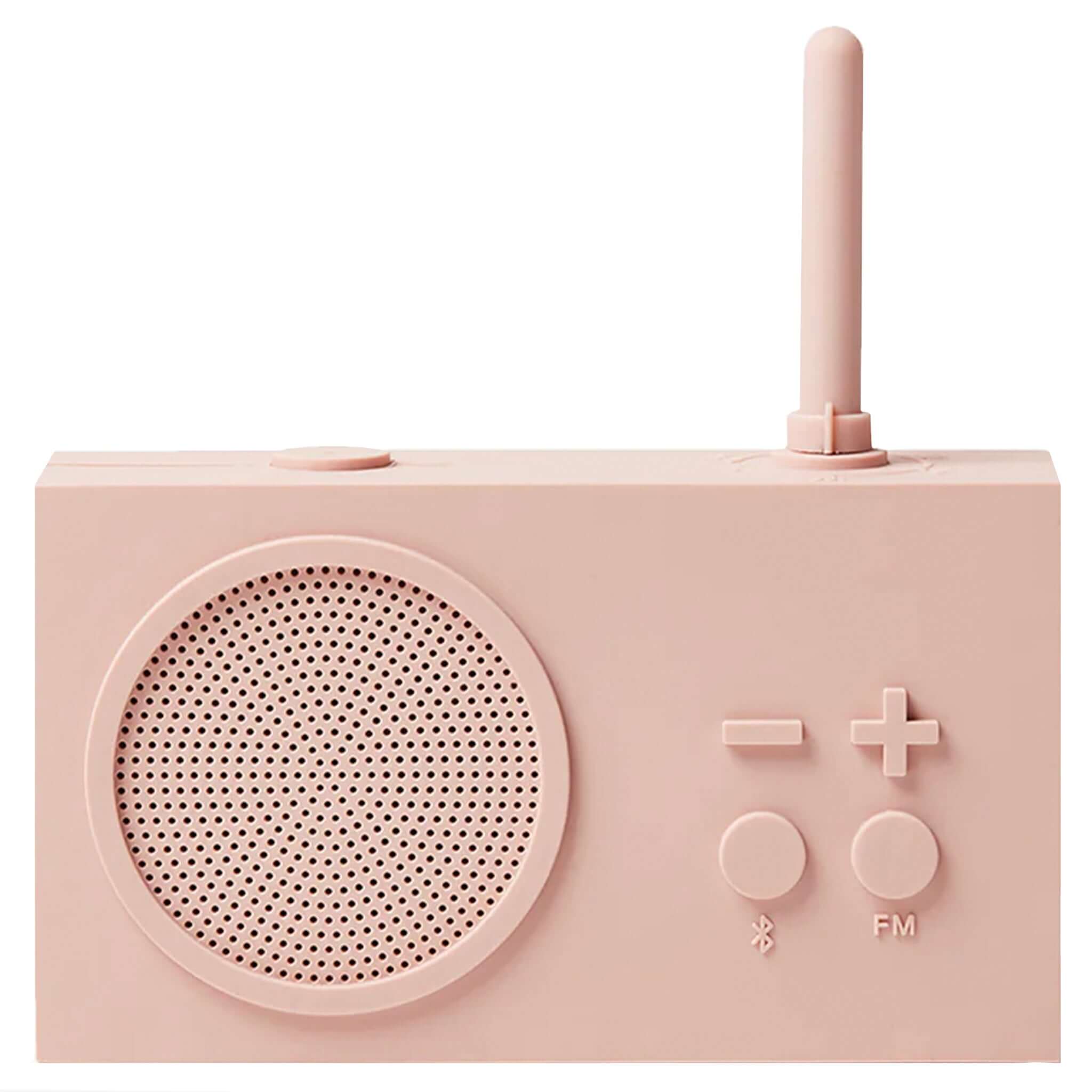 A pink Lexon TYKHO 3 FM radio and Bluetooth speaker with a antenna, speaker grilles, and control buttons on the front.