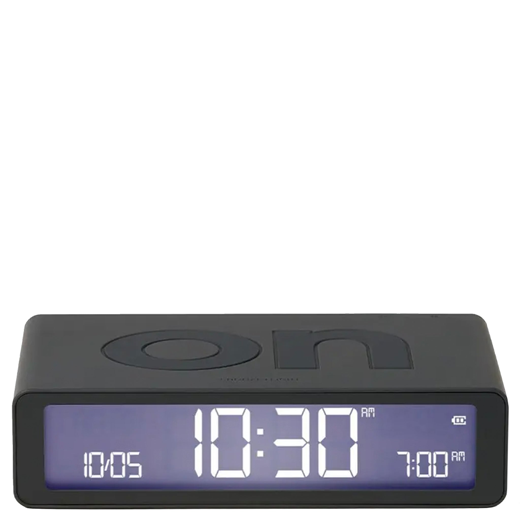 Black digital clock with blue display on a white background
