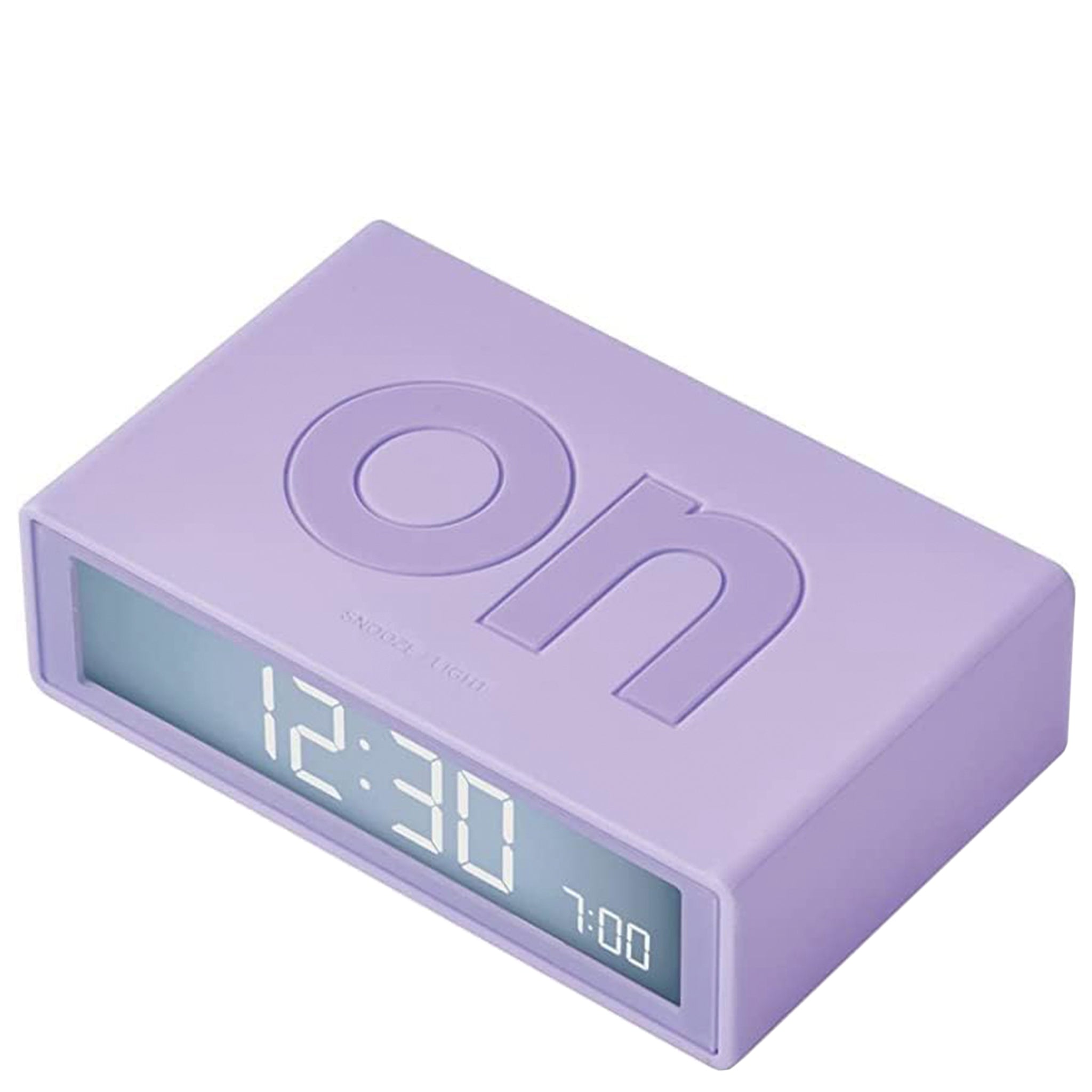 Purple digital clock with 'on' indicator on a white background