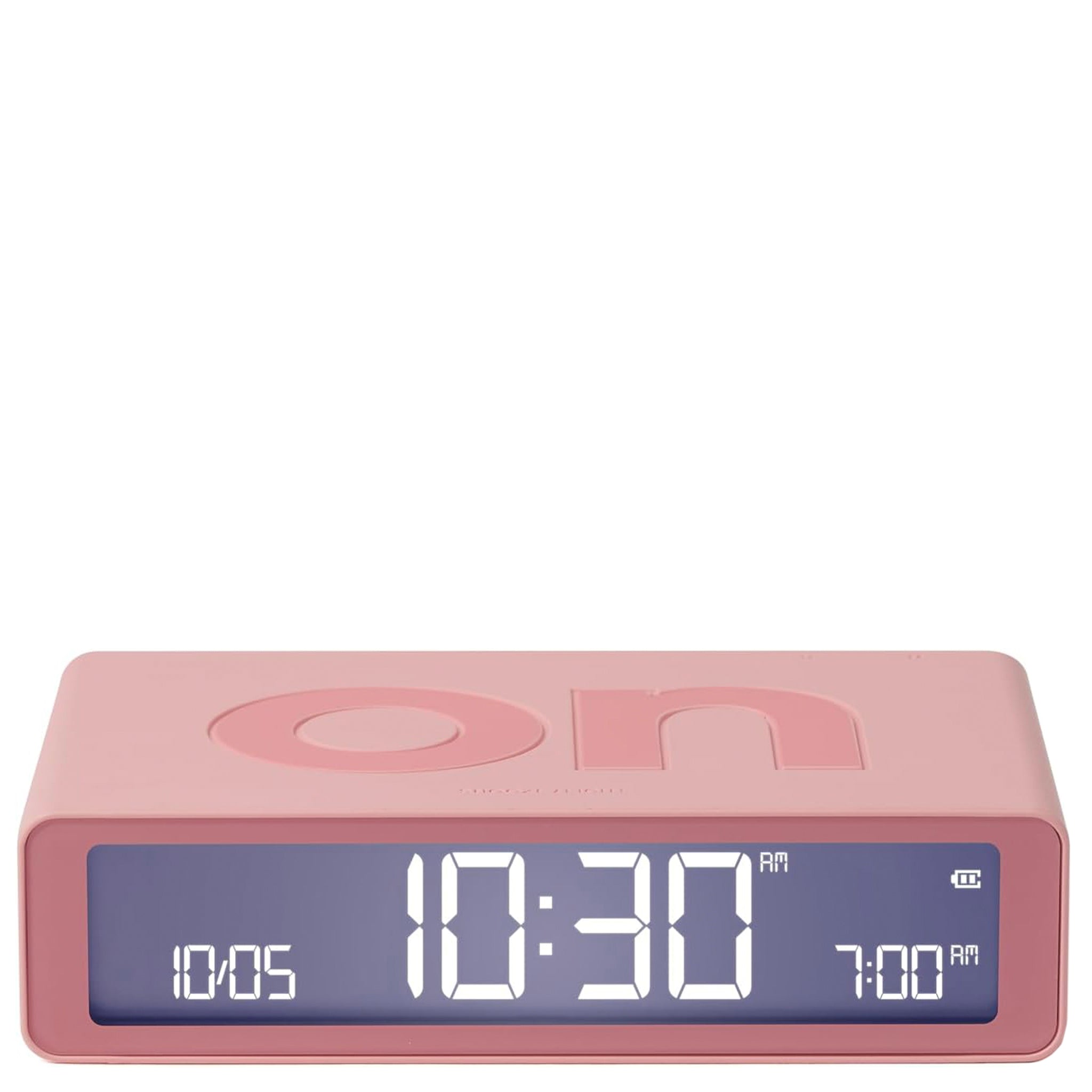 A pink Lexon Flip Classic Reversible LCD Alarm Clock displaying time on its screen.