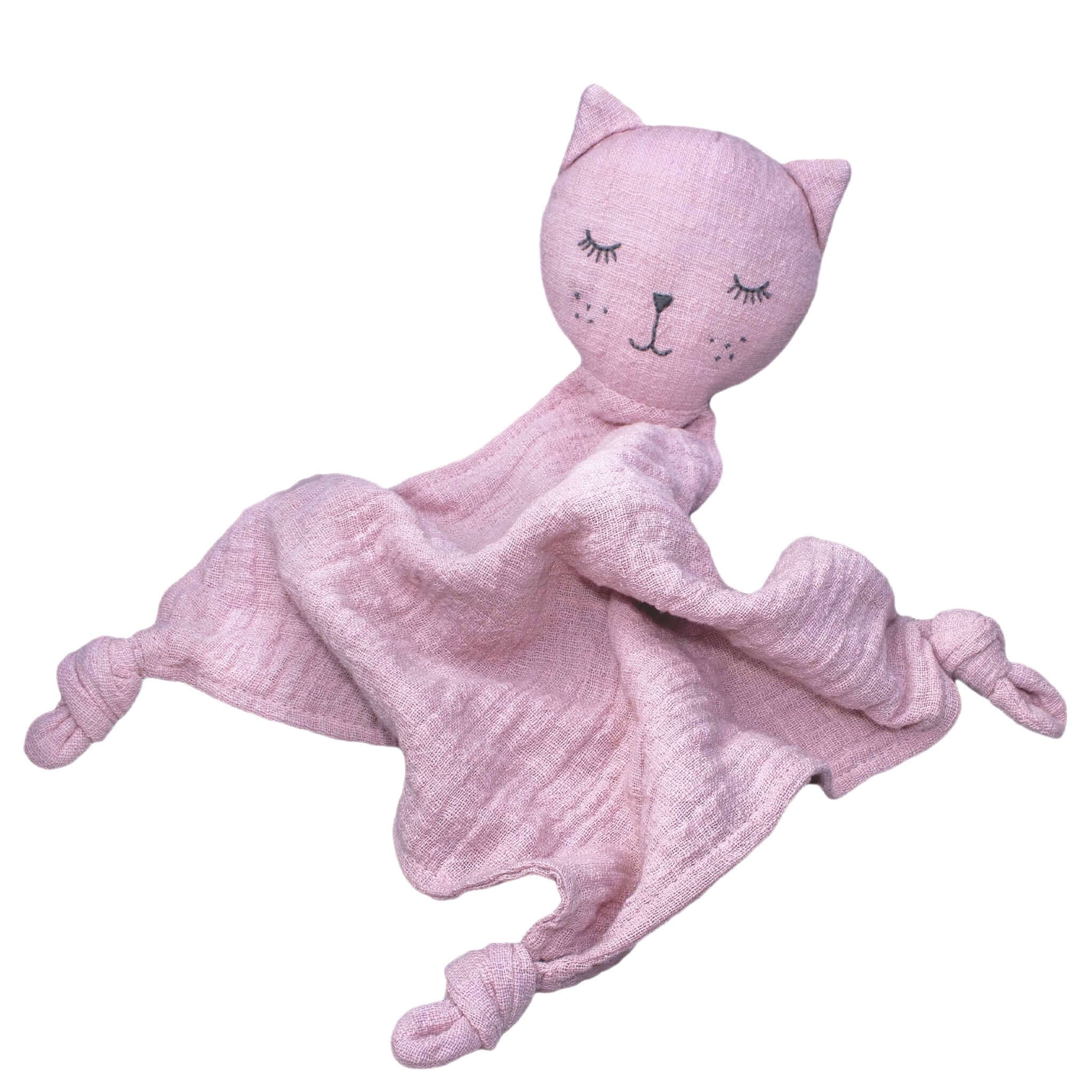 Alt Tag: Lily & George Baby Comforter - Rose the Cat soft pink cat baby comforter blanket with sleepy face, lightweight breathable cuddle buddy