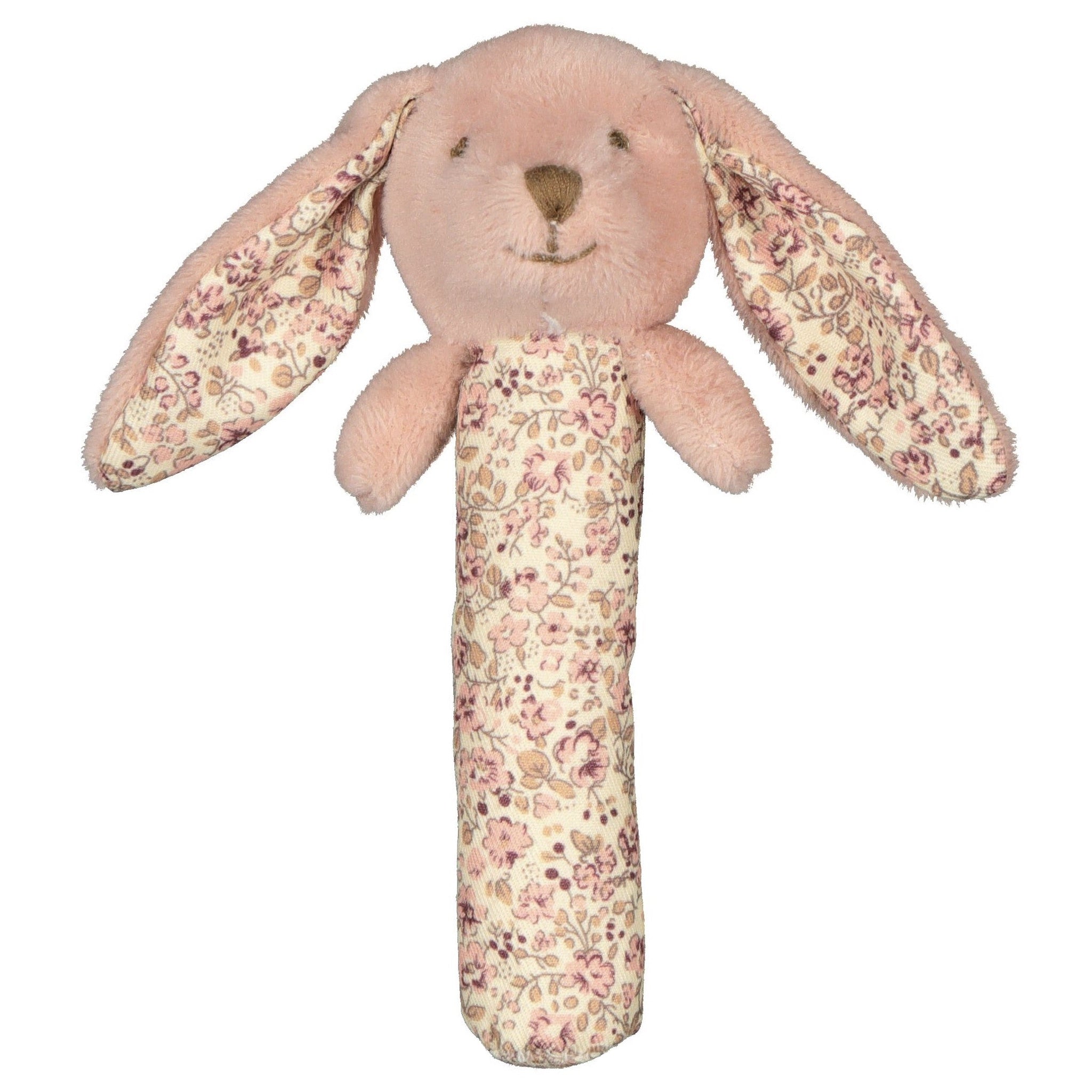Floral-patterned plush bunny rattle on a white background