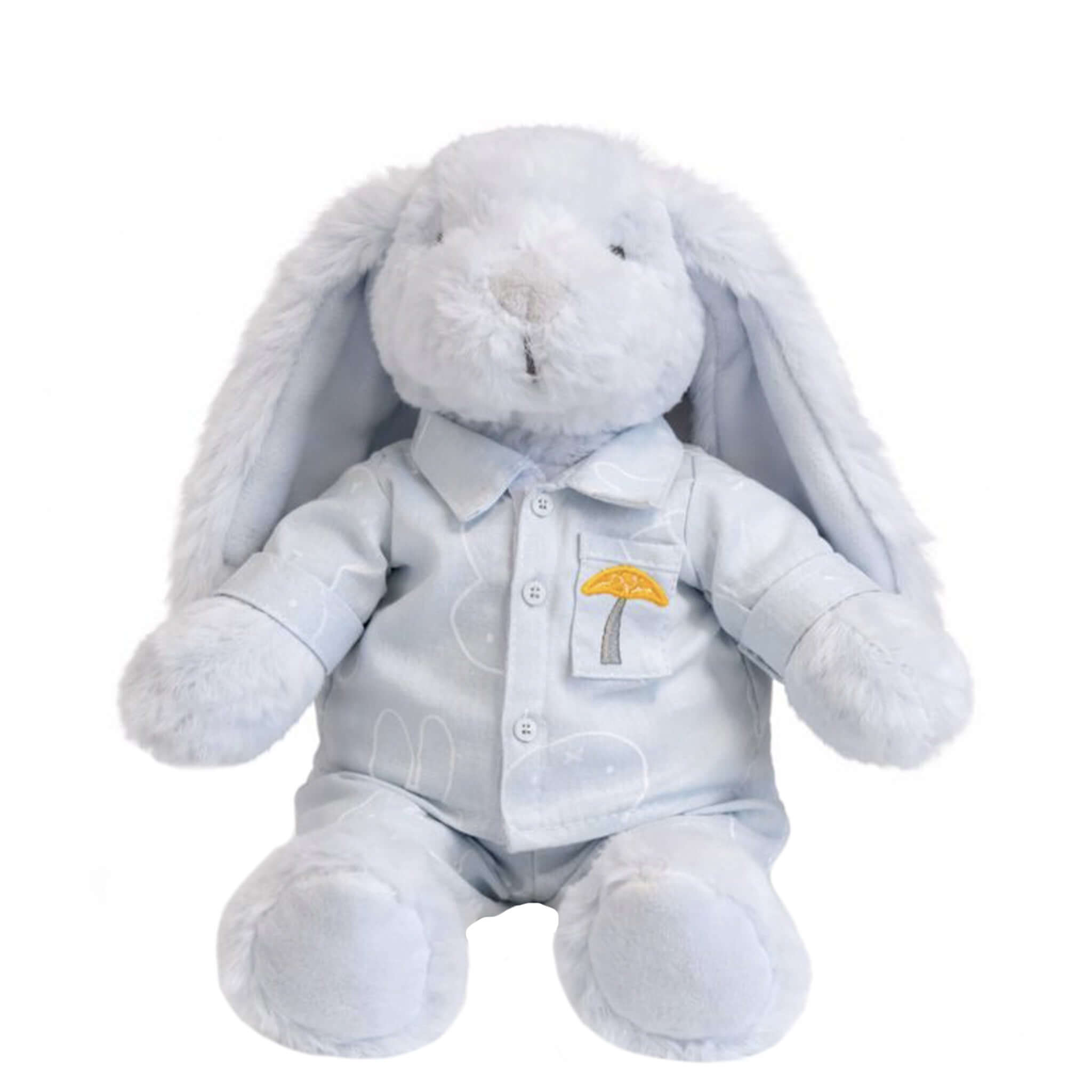 Alt Tag: Lily & George Bedtime Bunny - Blue soft plush bedtime bunny with floppy ears, embroidered face and blue pyjamas