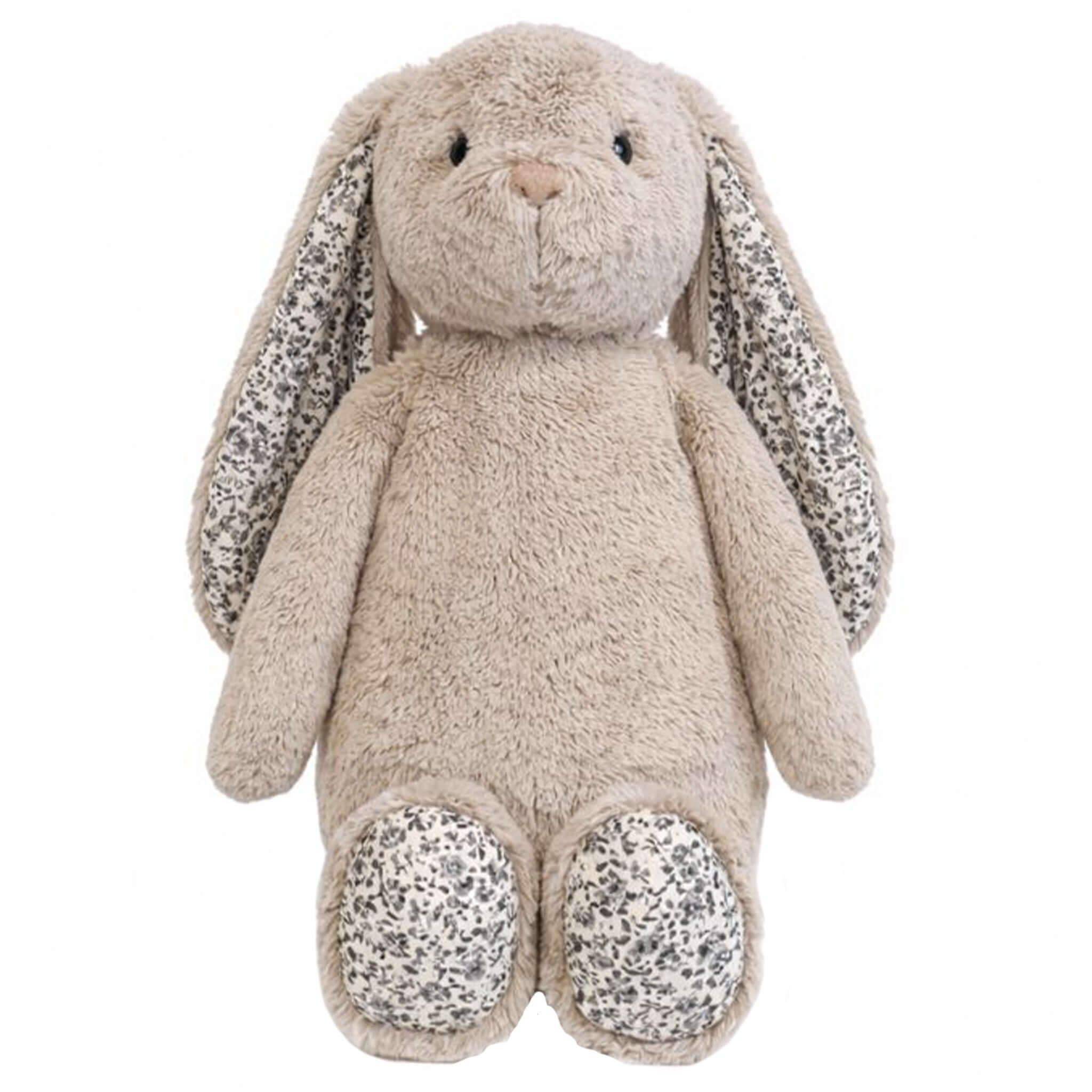 Alt Tag: Lily & George Plush Bunny - Alfie soft beige plush bunny with floral print ears and feet, 35.5cm cuddly heirloom gift