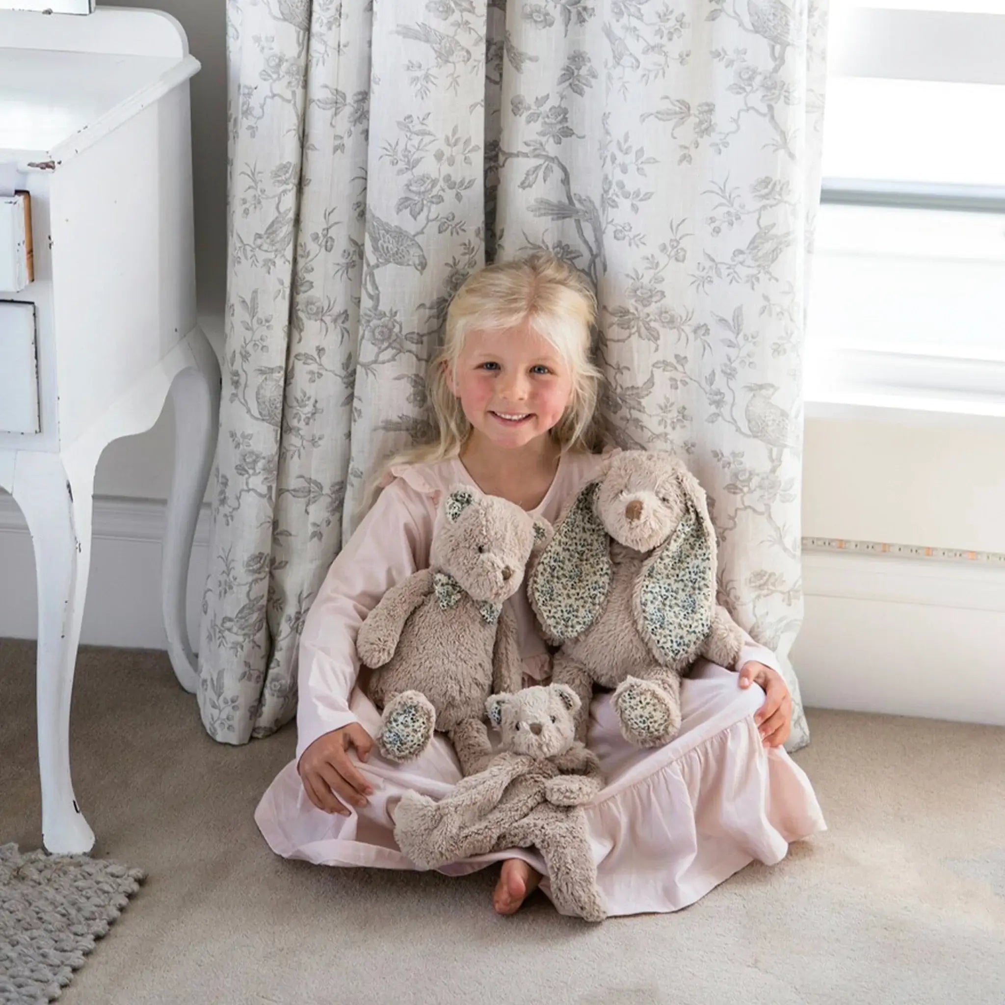 Alt Tag: Lily & George Plush Bunny - Bailee soft plush heirloom bunny in French floral print, cuddly gift for newborns and kids