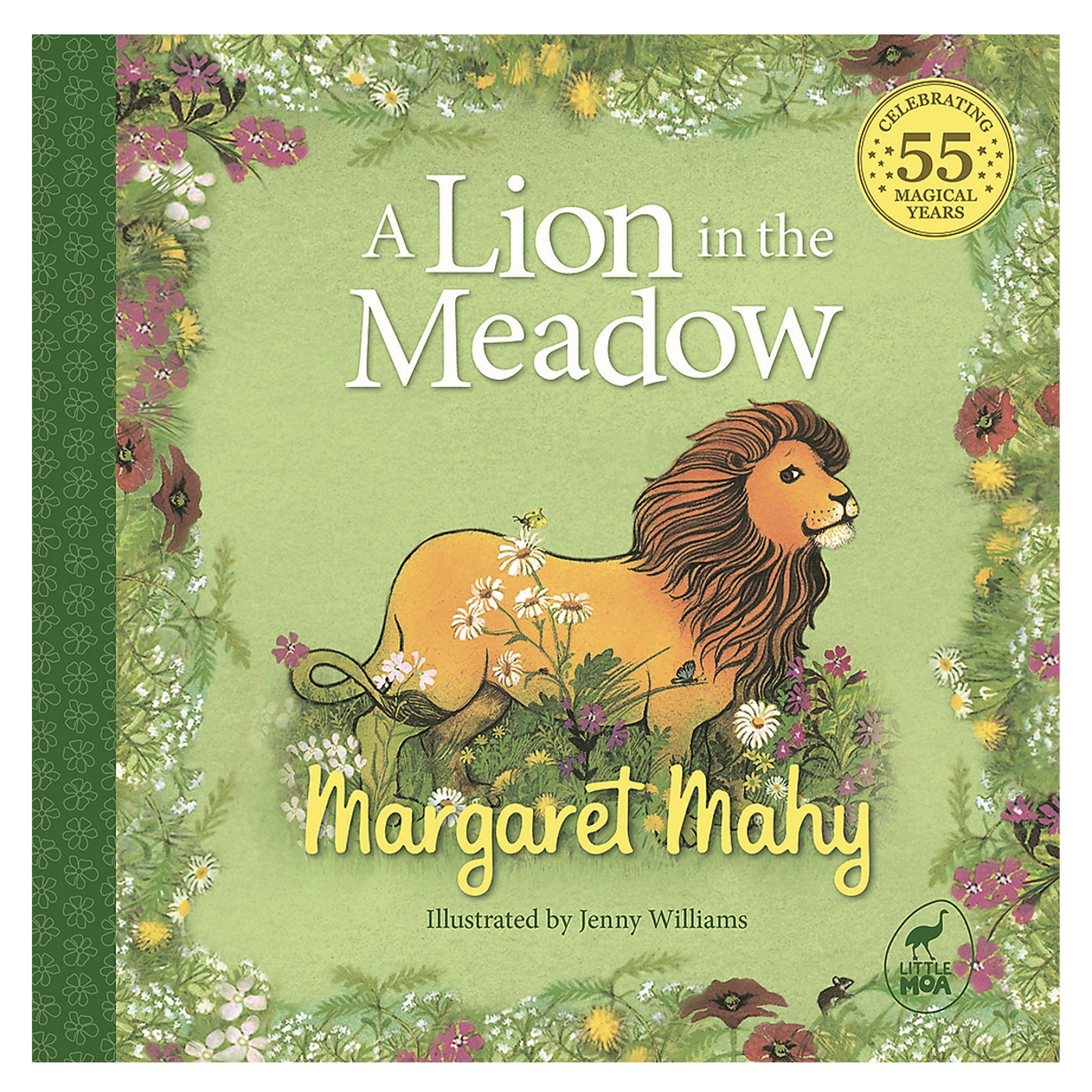 Book cover of 'A Lion in the Meadow' with a lion illustration on a green background.