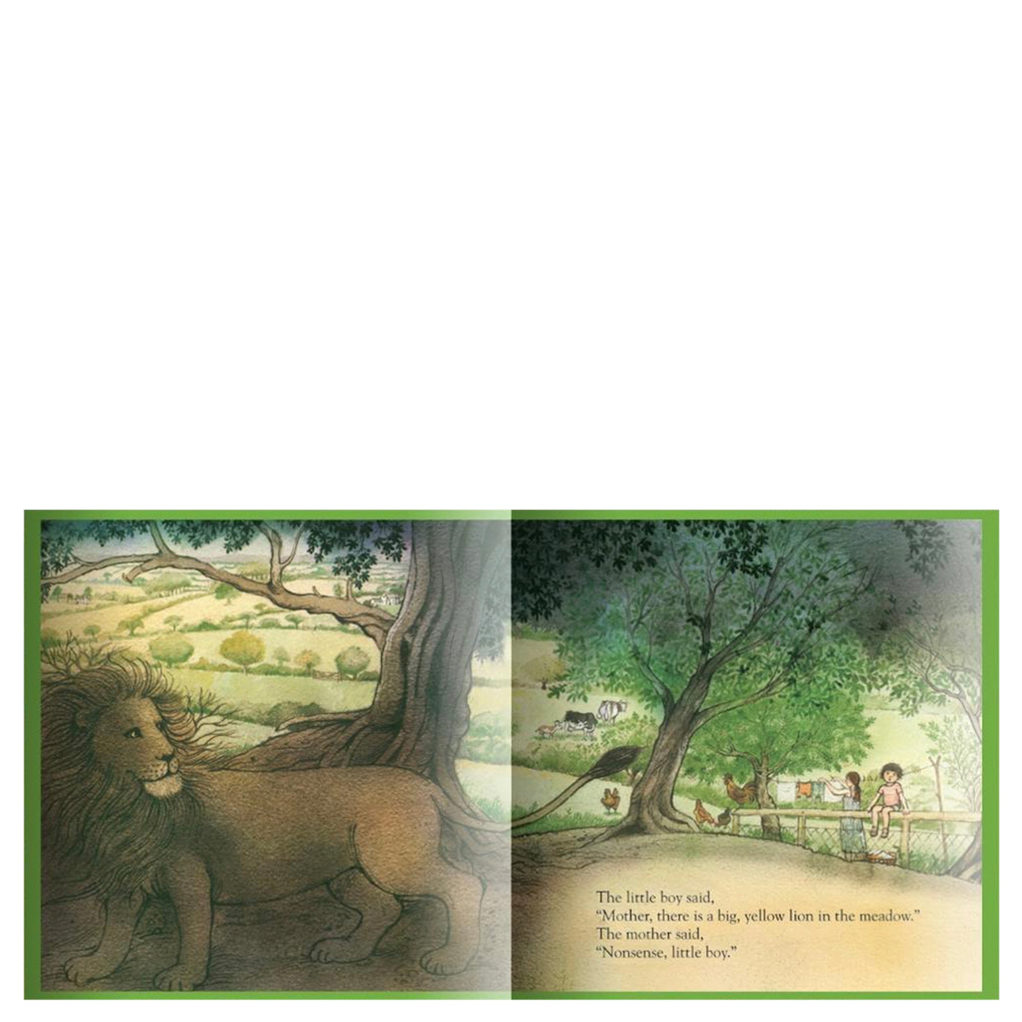 Illustration of a lion and a scene with children and animals under a tree, on a white background.