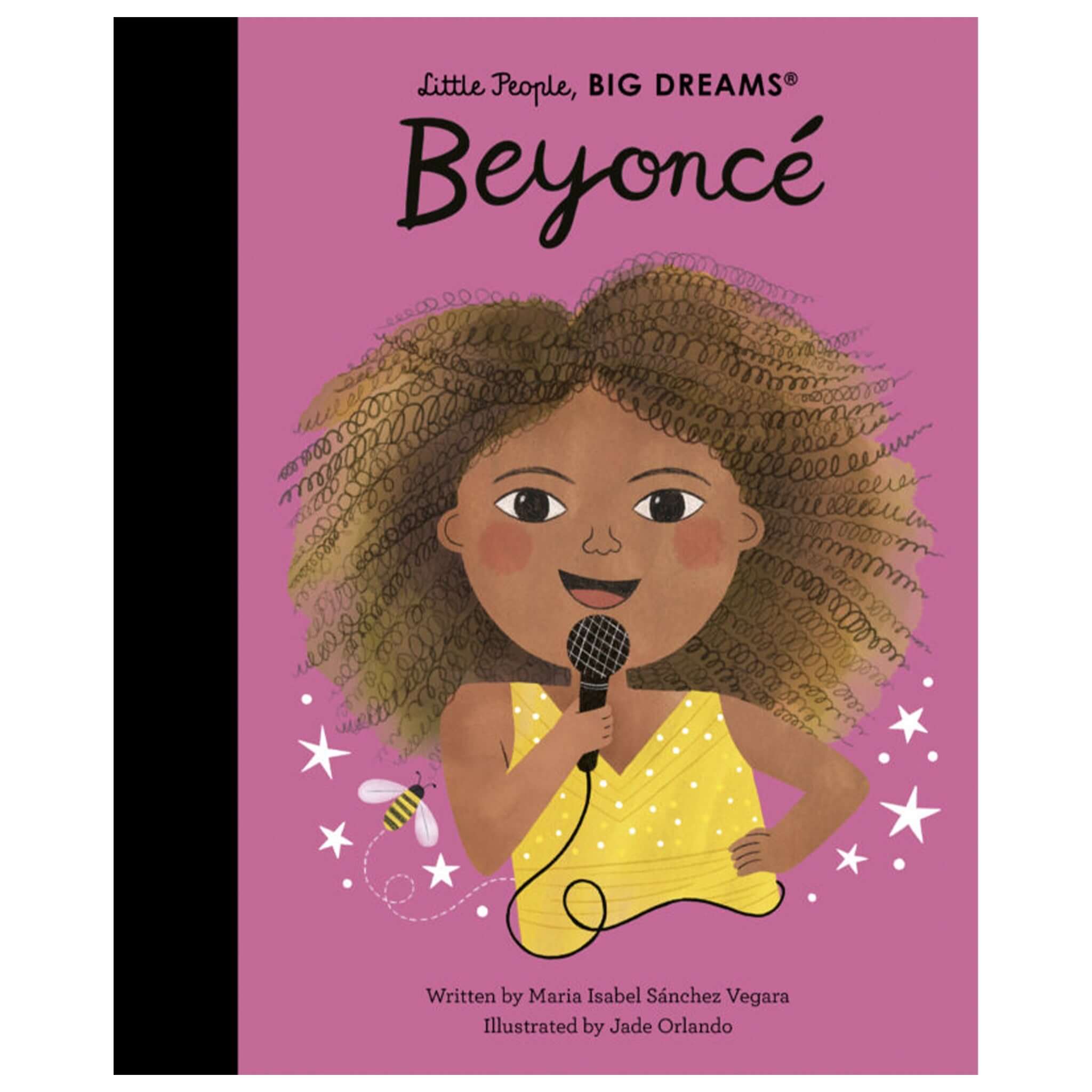 Alt Tag: Little People, Big Dreams - Beyonce book cover featuring illustrated Beyoncé holding a microphone on a pink background