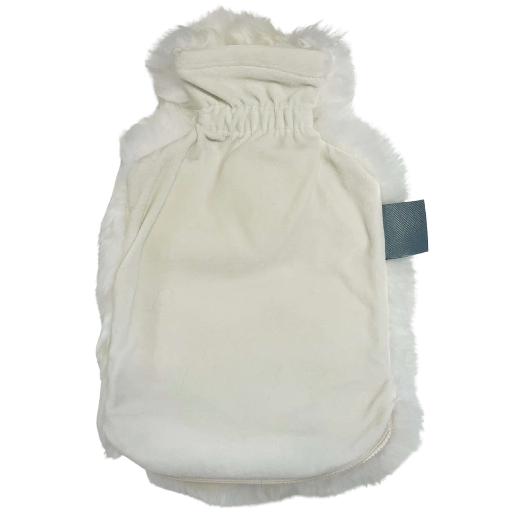 Alt Tag: Long Wool Sheepskin Hot Water Bottle Cover - Ivory with zip closure and soft brush cotton back, long wool sheepskin warmth