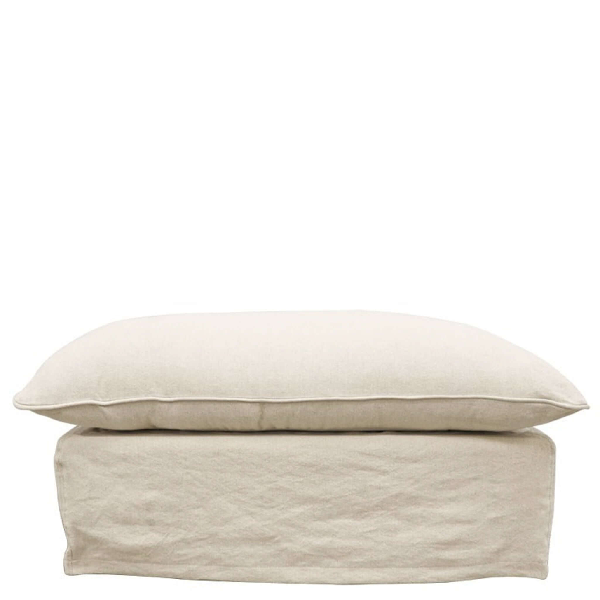 Alt Tag: Lotus Ottoman in soft cotton-linen blend upholstery with plush feather-filled cushion, tailored lounge footrest/extra seat