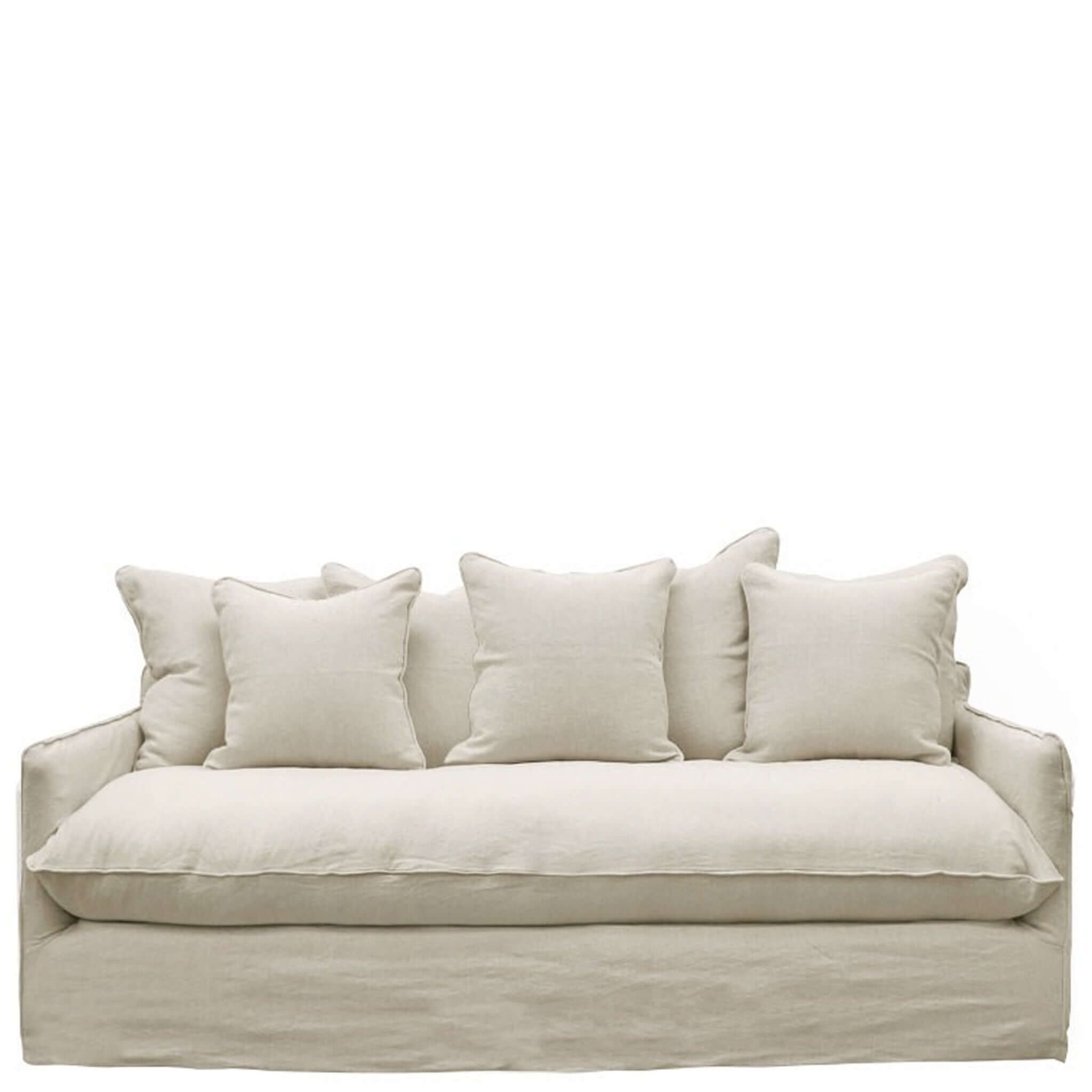 Alt Tag: Lotus 2 Seater Sofa in natural slipcover fabric with deep seat and feather-filled cushions, timeless comfort for laidback lounging