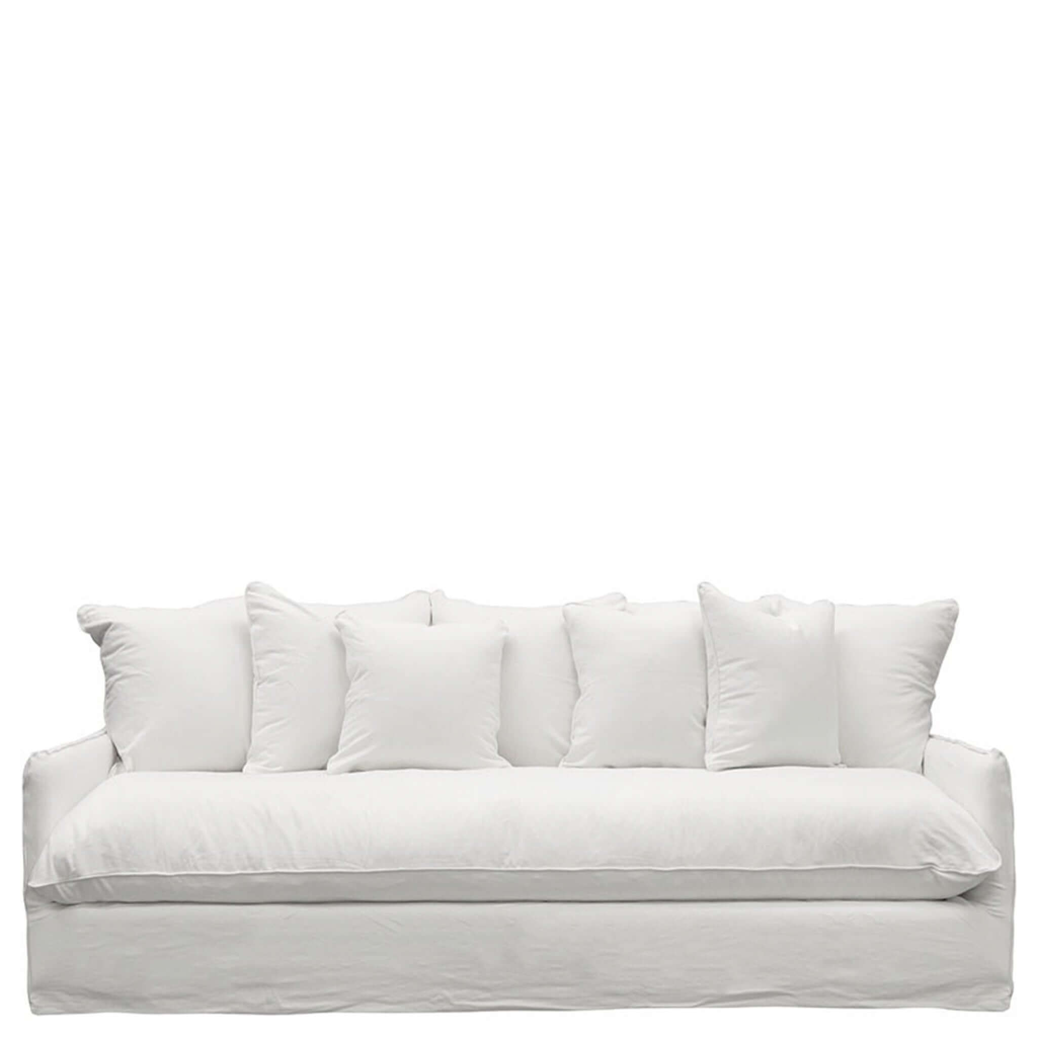 Lotus 3 Seater Sofa white slipcover with deep seat and seven feather-filled back cushions for timeless, laidback comfort