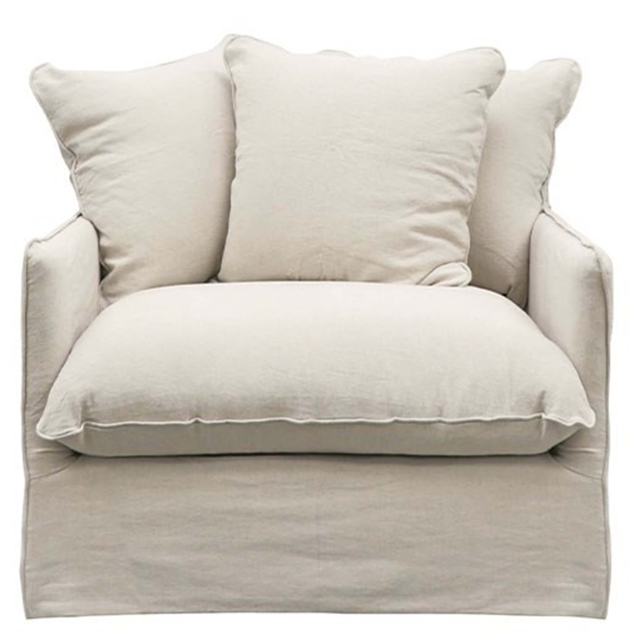 Alt Tag: Lotus Armchair slipcover in light beige with deep seat and feather-filled cushions, tailored timeless comfort