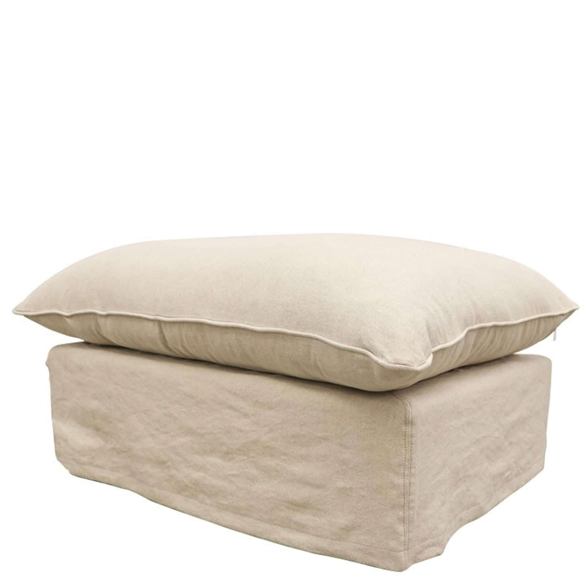 Alt Tag: Lotus Ottoman in soft cotton-linen blend with plush feather-filled cushion, tailored lounge footrest/extra seat in natural beige