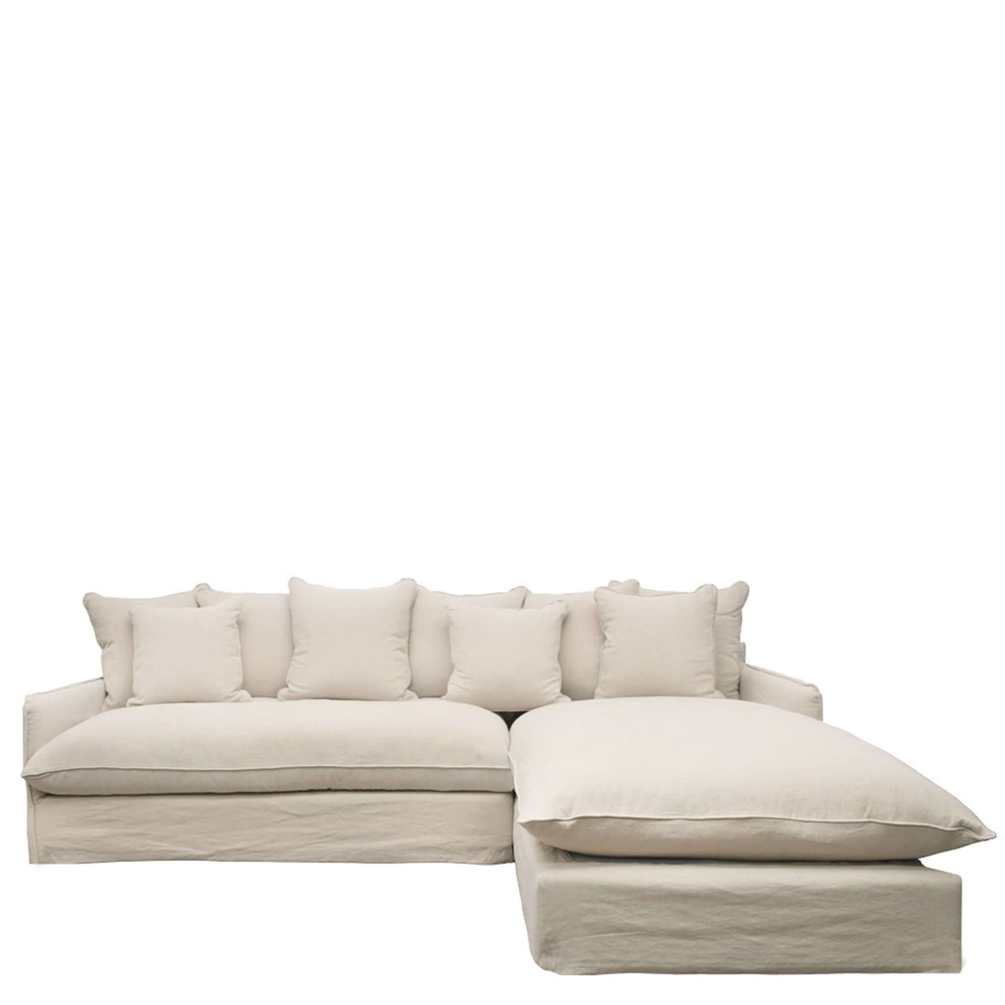 Alt Tag: Lotus 2.5 Seater Modular Sofa with R/H Chaise in soft cotton-linen slipcover, deep lounge seat with plush back cushions