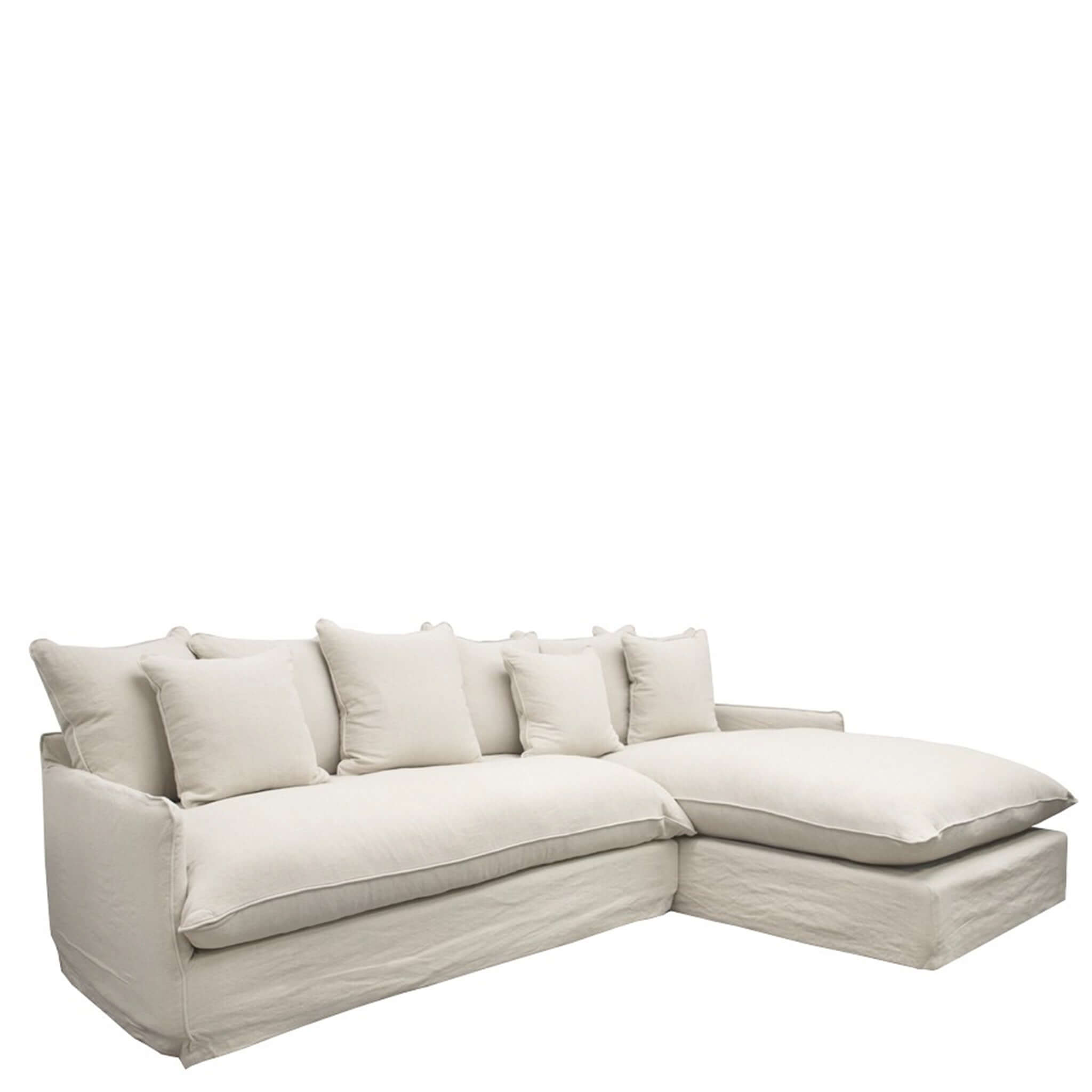 Alt Tag: Lotus 2.5 Seater Modular Sofa with R/H Chaise in soft cotton-linen slipcover, deep lounge seat with plush back cushions