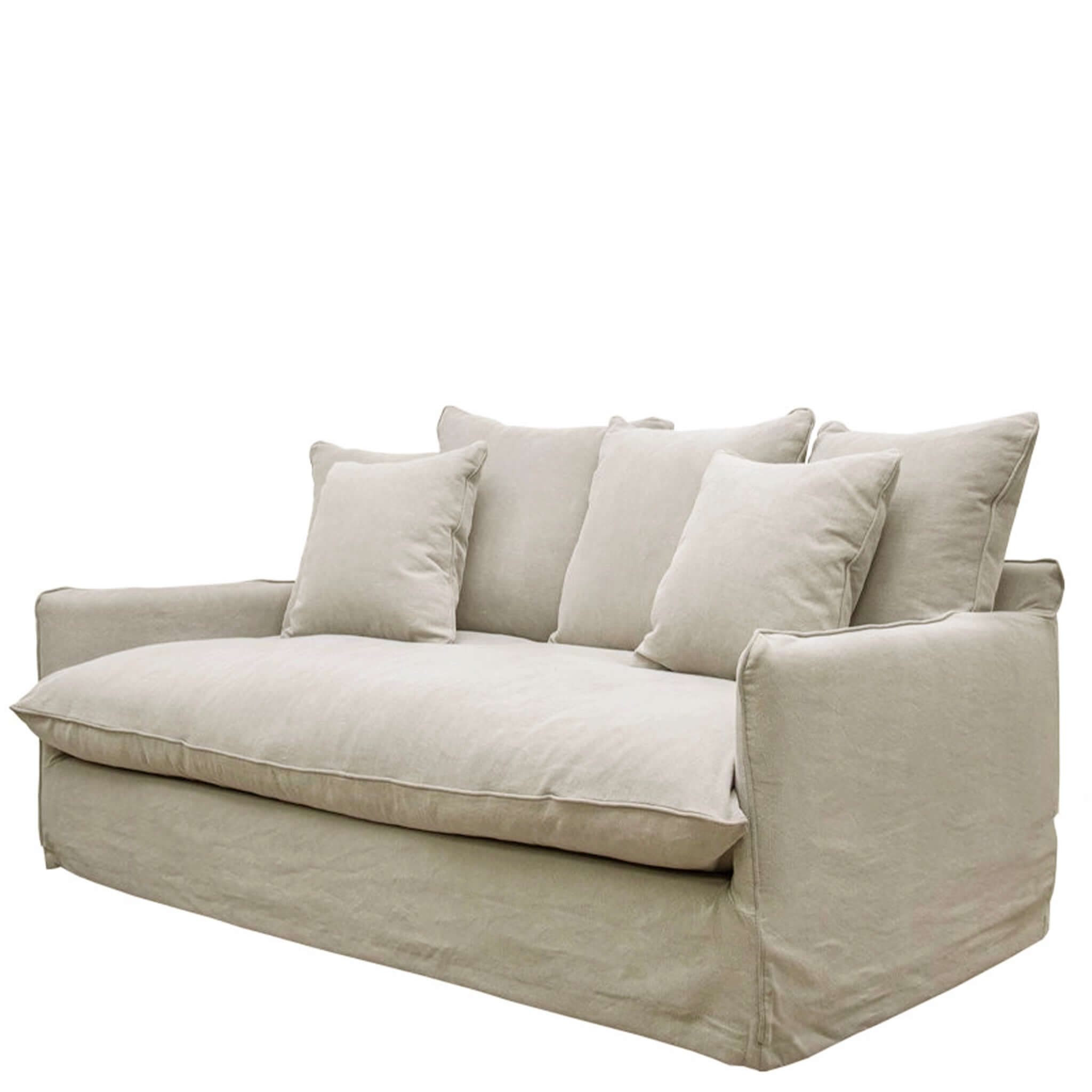 Alt Tag: Lotus 2 Seater Sofa in neutral slipcover with deep seat and feather-filled cushions for timeless comfort