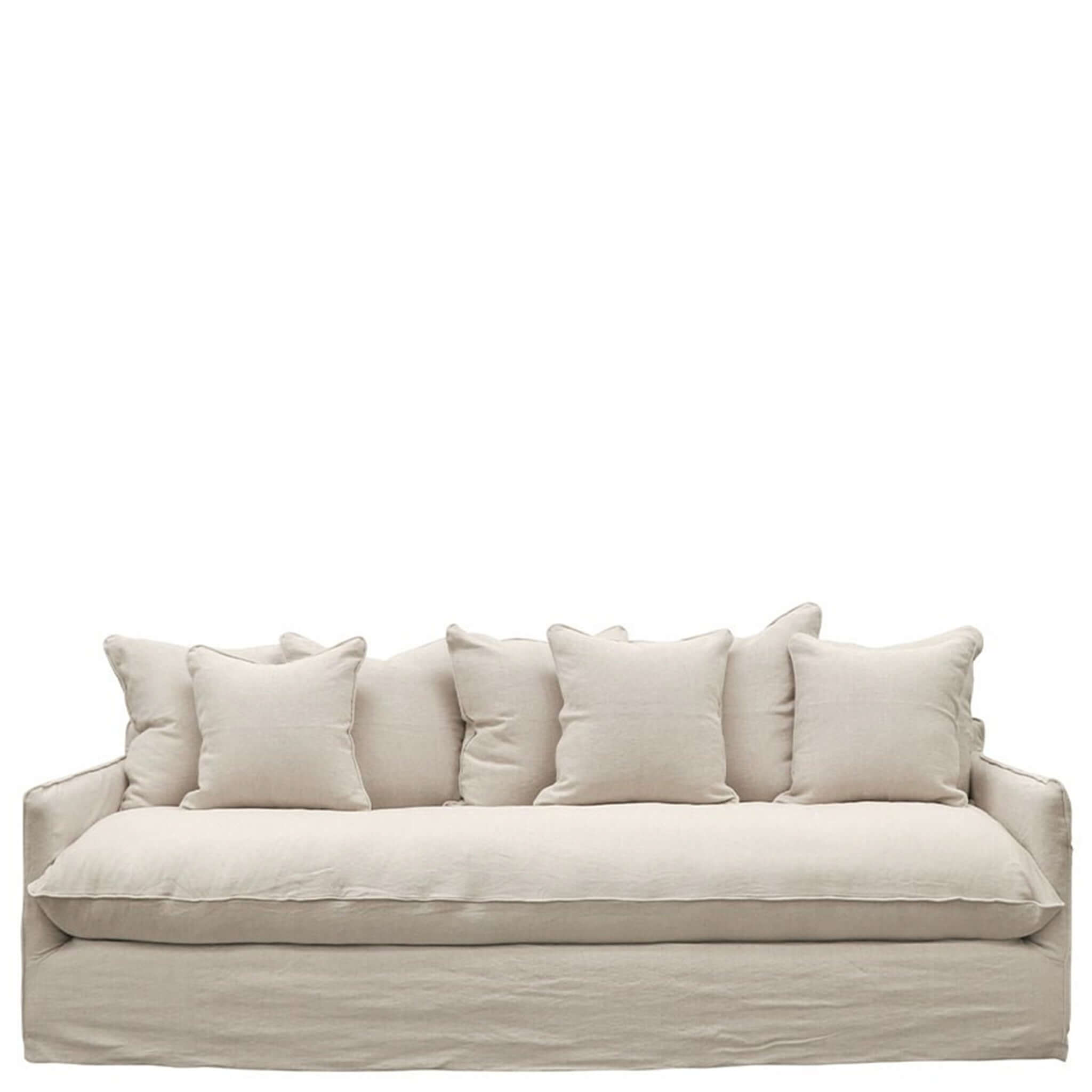 Alt Tag: Lotus 3 Seater Sofa slipcover in natural linen with deep seat and seven feather-filled back cushions for timeless comfort