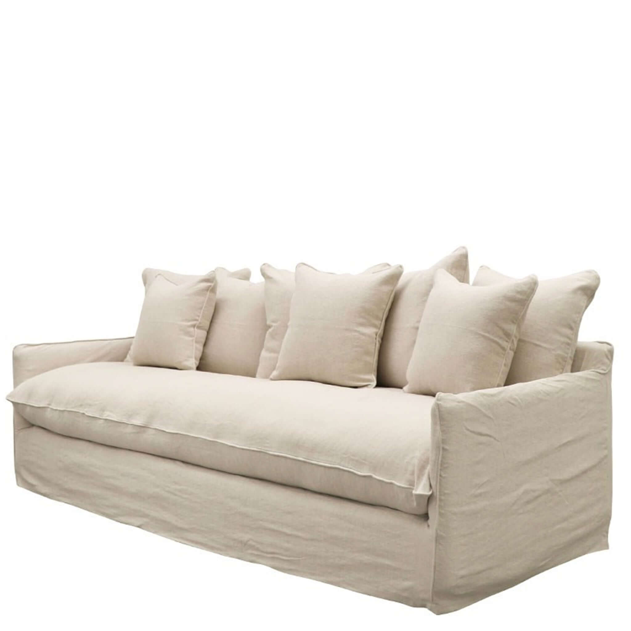 Lotus 3 Seater Sofa slipcover in natural linen with deep seat and feather-filled cushions, timeless comfort for relaxed lounging