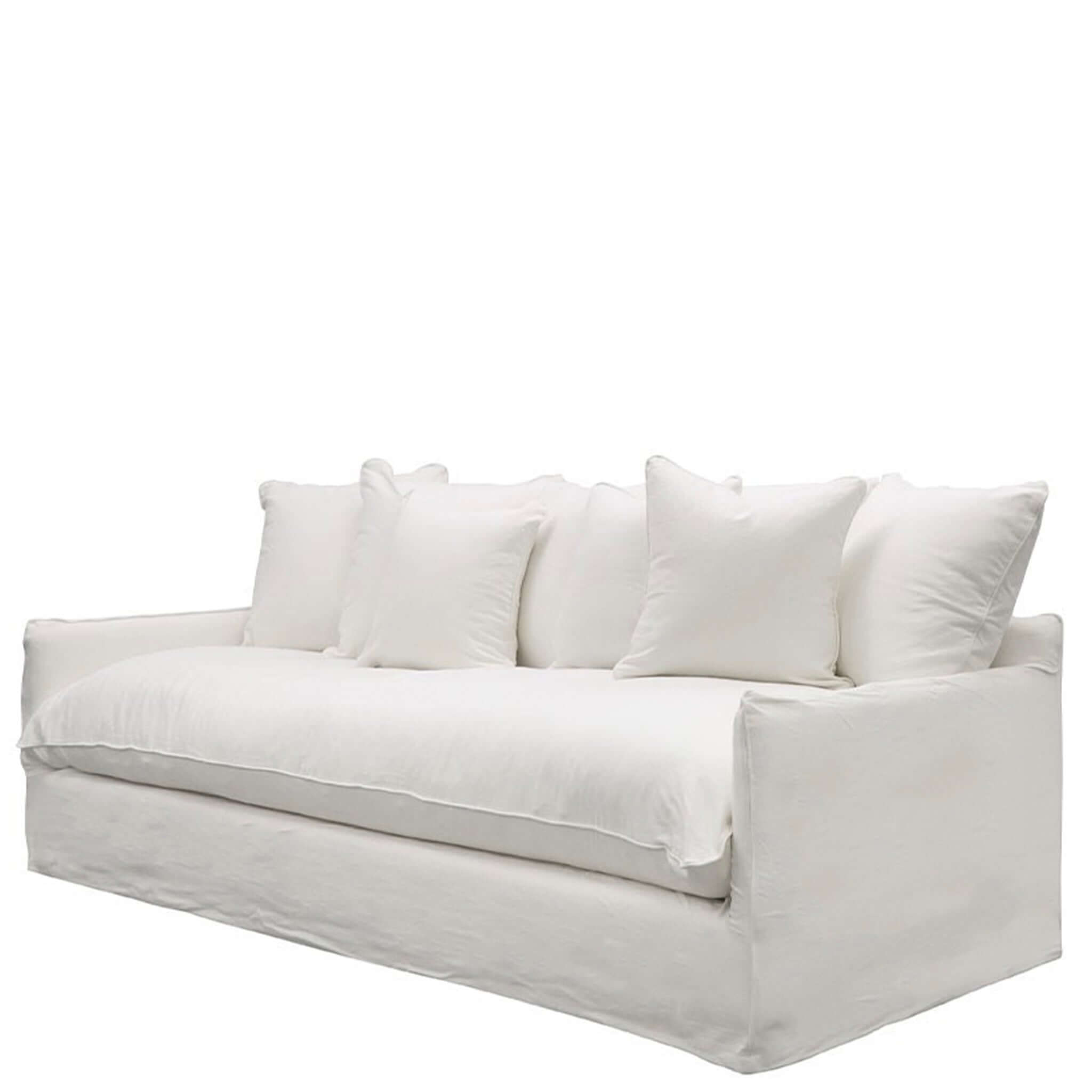 Alt Tag: Lotus 3 Seater Sofa in white slipcover with deep seat and seven feather-filled back cushions for timeless comfort