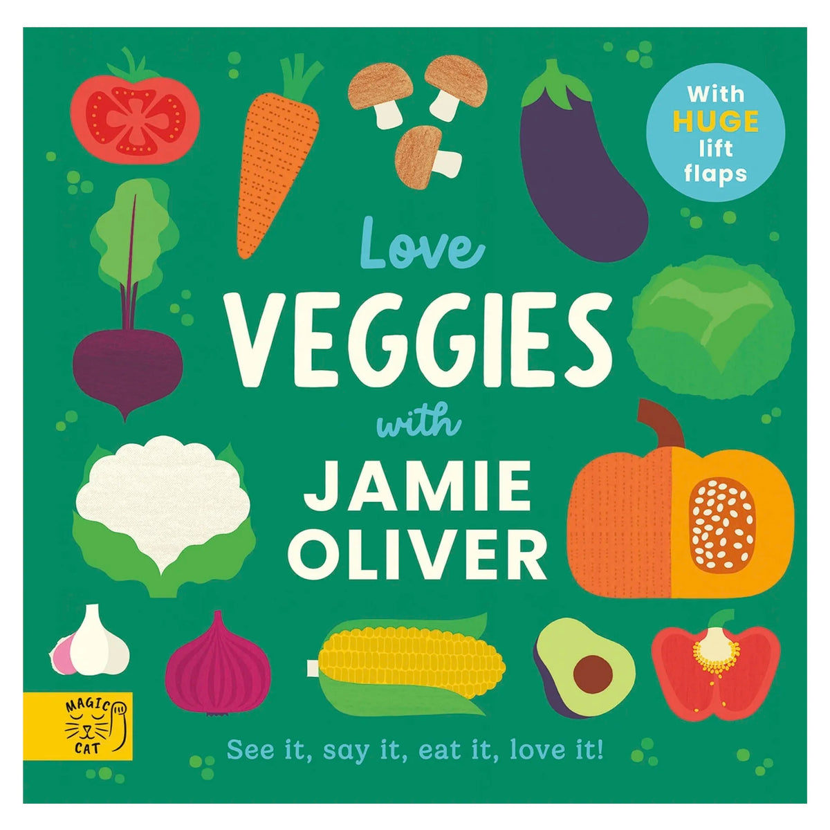 Love Veggies with Jamie Oliver board book cover with colourful vegetable illustrations