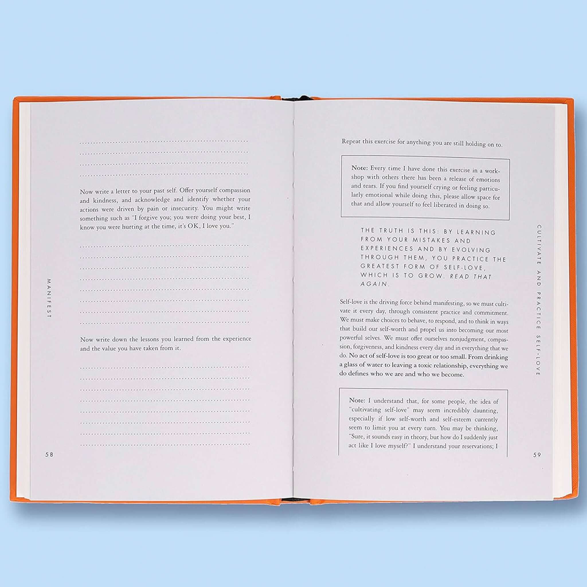 Manifest: 7 Steps to Living Your Best Life open book spread showing interior pages on manifestation and empowerment guide