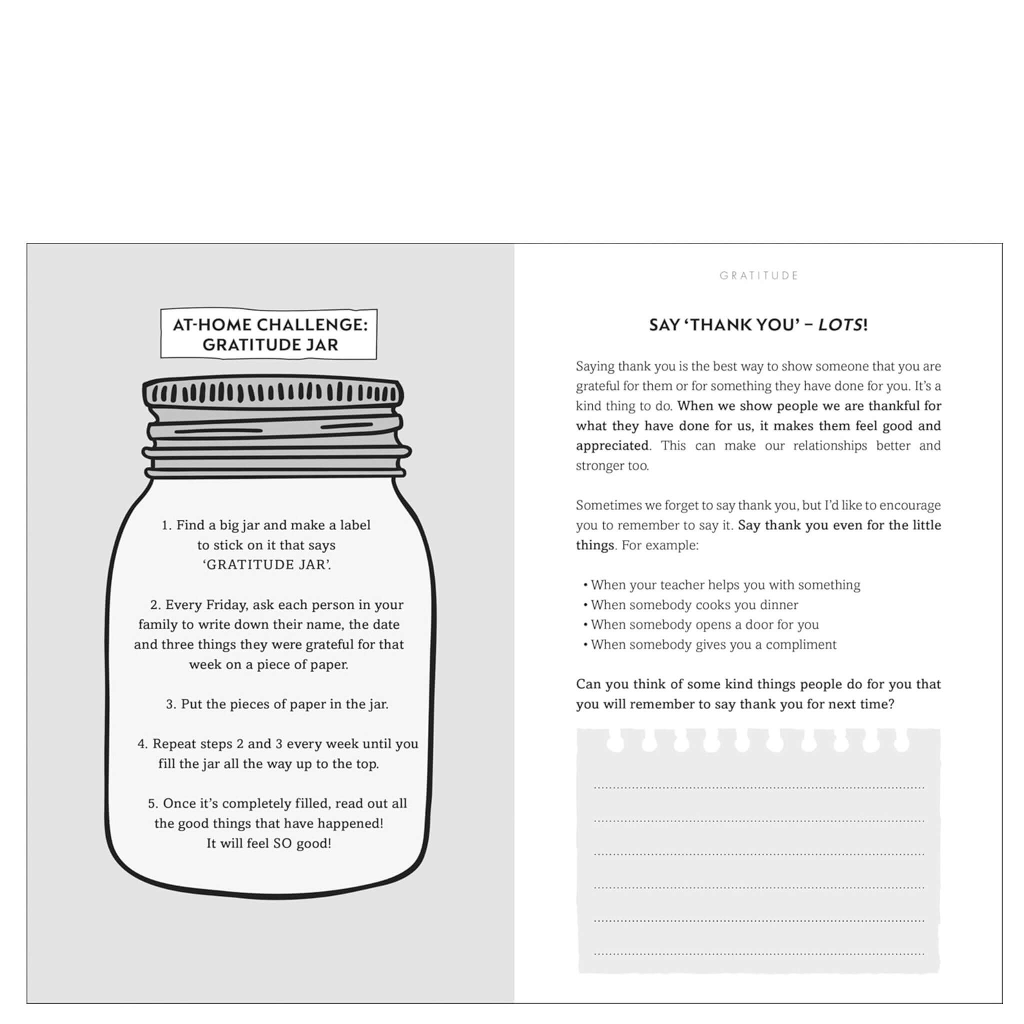 Alt Tag: Manifest for Kids: Four Steps to Being the Best You (Softcover) gratitude jar activity page teaching kids to say thank you
