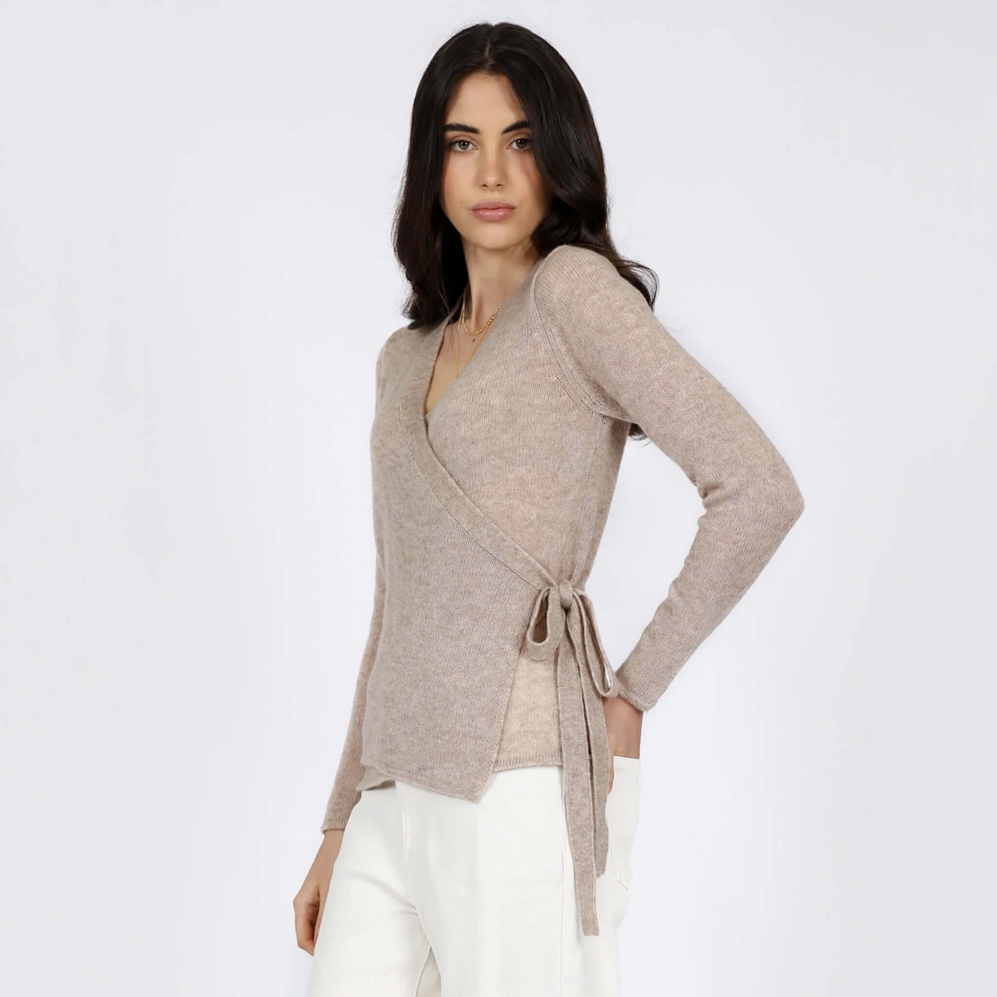 Alt Tag: Marlow Celeste Wool & Cashmere Wrap Knit - Camel full wrap cardigan with tie waist, lightweight slightly sheer knit on model