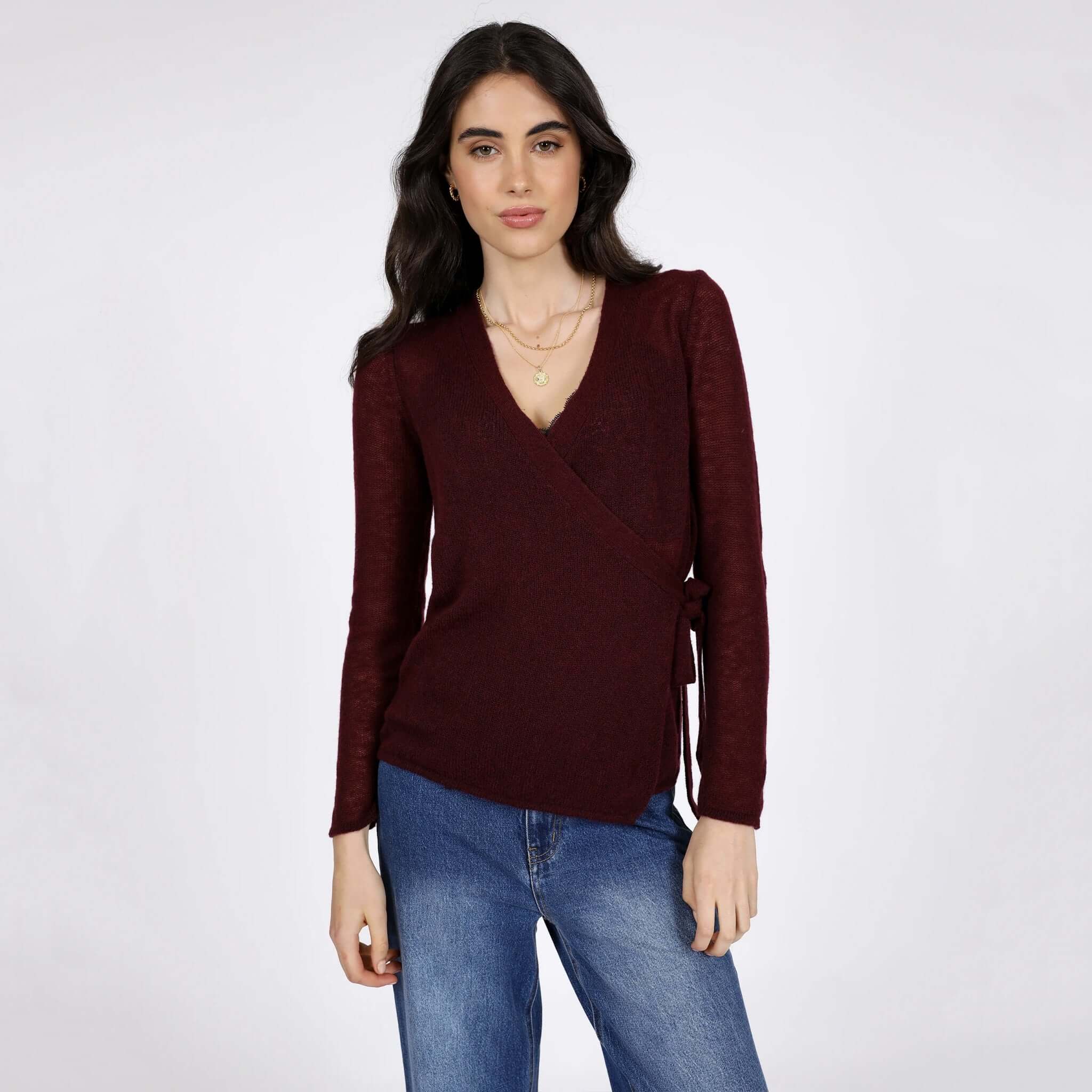 Alt Tag: Marlow Celeste Wool & Cashmere Wrap Knit - Oxblood women’s lightweight wrap cardigan with tie waist, soft slightly sheer knit
