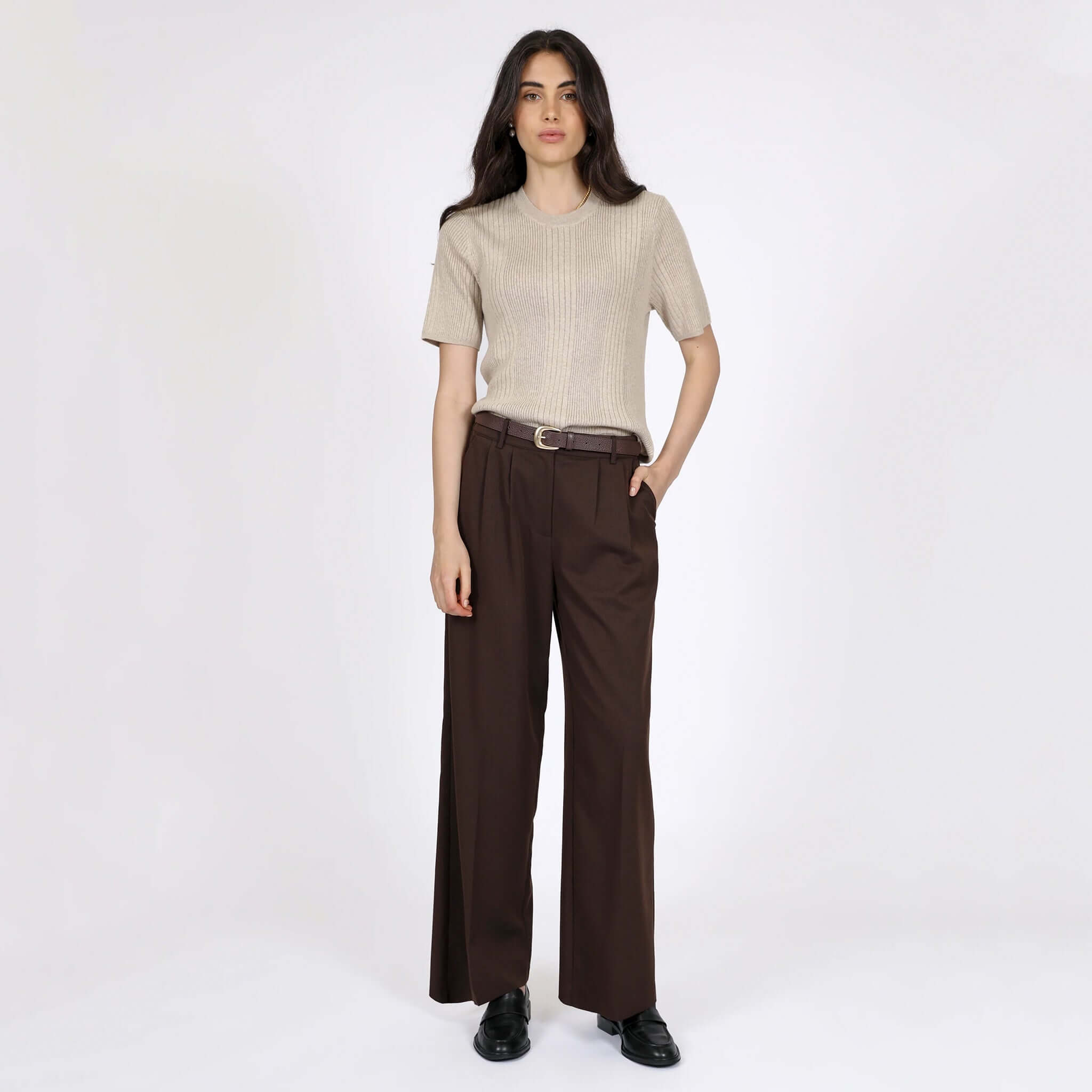 Alt Tag: Marlow Mode Pants - Java wide-leg full-length pants with front pleats, elastic back, side pockets, styled with knit top