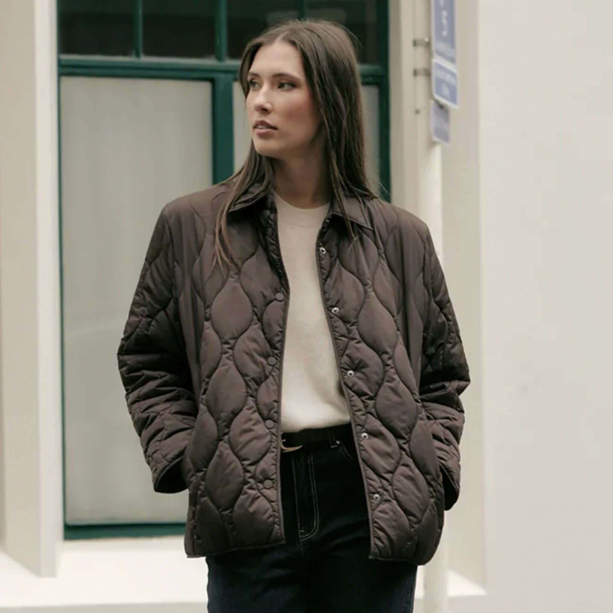 Marlow Toronto Quilted Jacket - Java on a model, showcasing its modern wave-quilted design and soft matte finish.